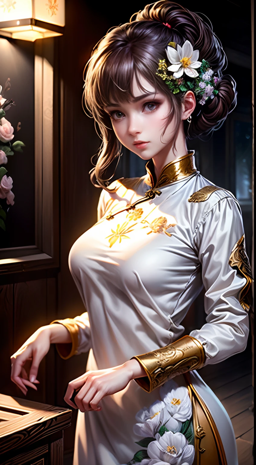 (Best quality, Masterpiece, Extremely detailed CG, Game CG:1.5), full bodyesbian,1 girl,An extremely delicate and beautiful girl, Extremely detailed eyes and face, beautiful detailed glow,Lagasprín，on cheongsam，Medium breast, illustration, Cinematic lighting, Best shadow,(White background:1.3)