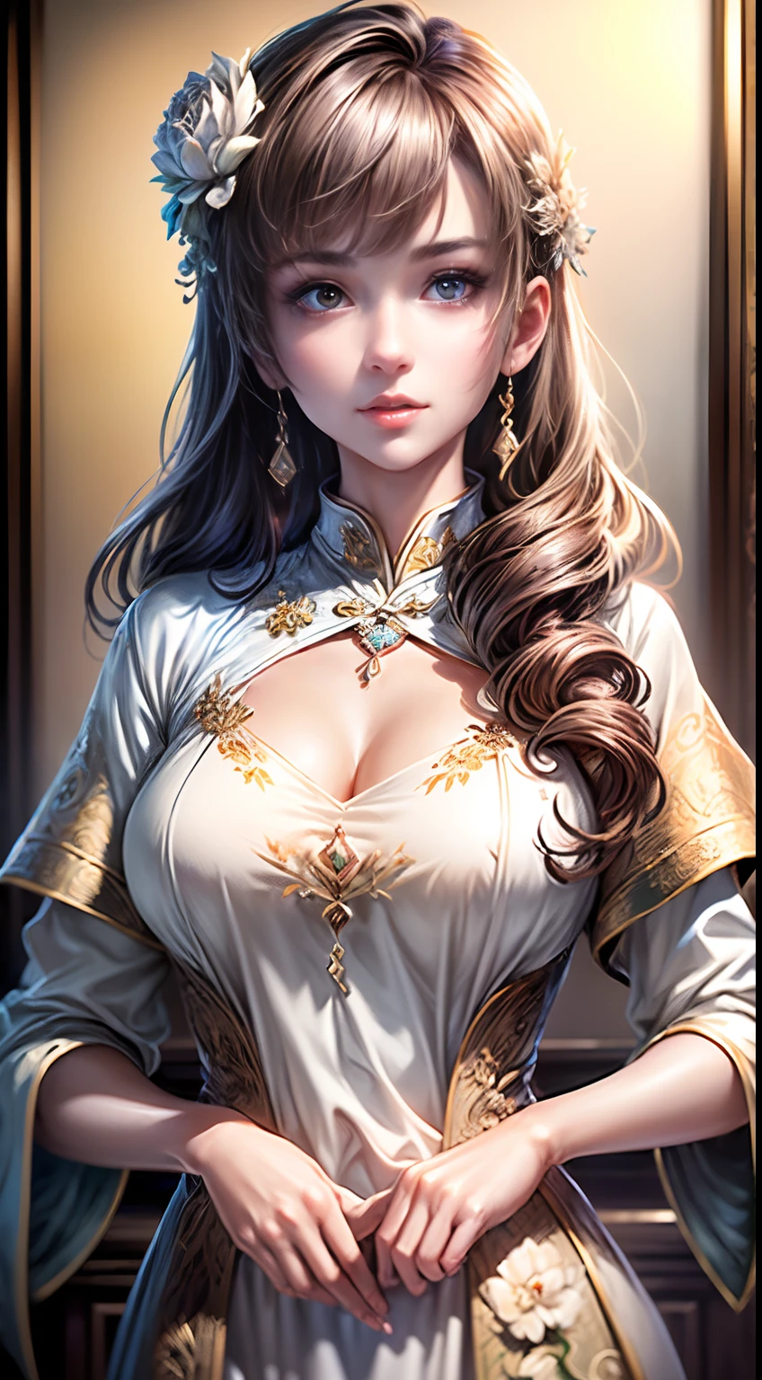 (Best quality, Masterpiece, Extremely detailed CG, Game CG:1.5), full bodyesbian,1 girl,An extremely delicate and beautiful girl, Extremely detailed eyes and face, beautiful detailed glow,Lagasprín，on cheongsam，Medium breast, illustration, Cinematic lighting, Best shadow,(White background:1.3)