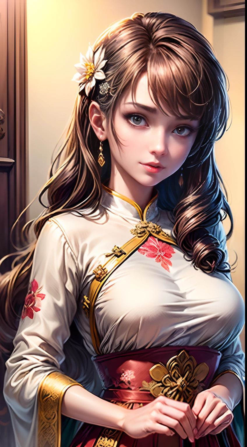 (Best quality, Masterpiece, Extremely detailed CG, Game CG:1.5), full bodyesbian,1 girl,An extremely delicate and beautiful girl, Extremely detailed eyes and face, beautiful detailed glow,Lagasprín，on cheongsam，Medium breast, illustration, Cinematic lighting, Best shadow,(White background:1.3)