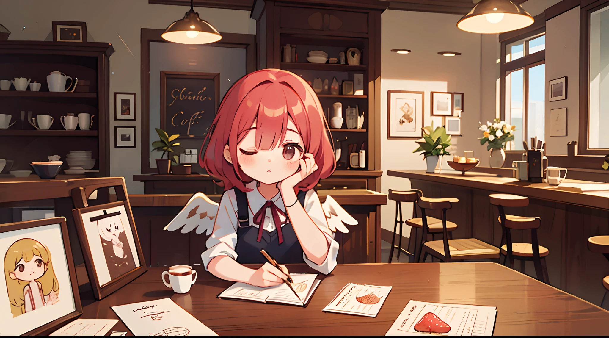 photoRealstic、Drawing of a girl with angel wings、Beautiful Angel Girl、Close one eye、Luxurious rooms in the coffee shop、Strawberry Shortcake and Coffee Set