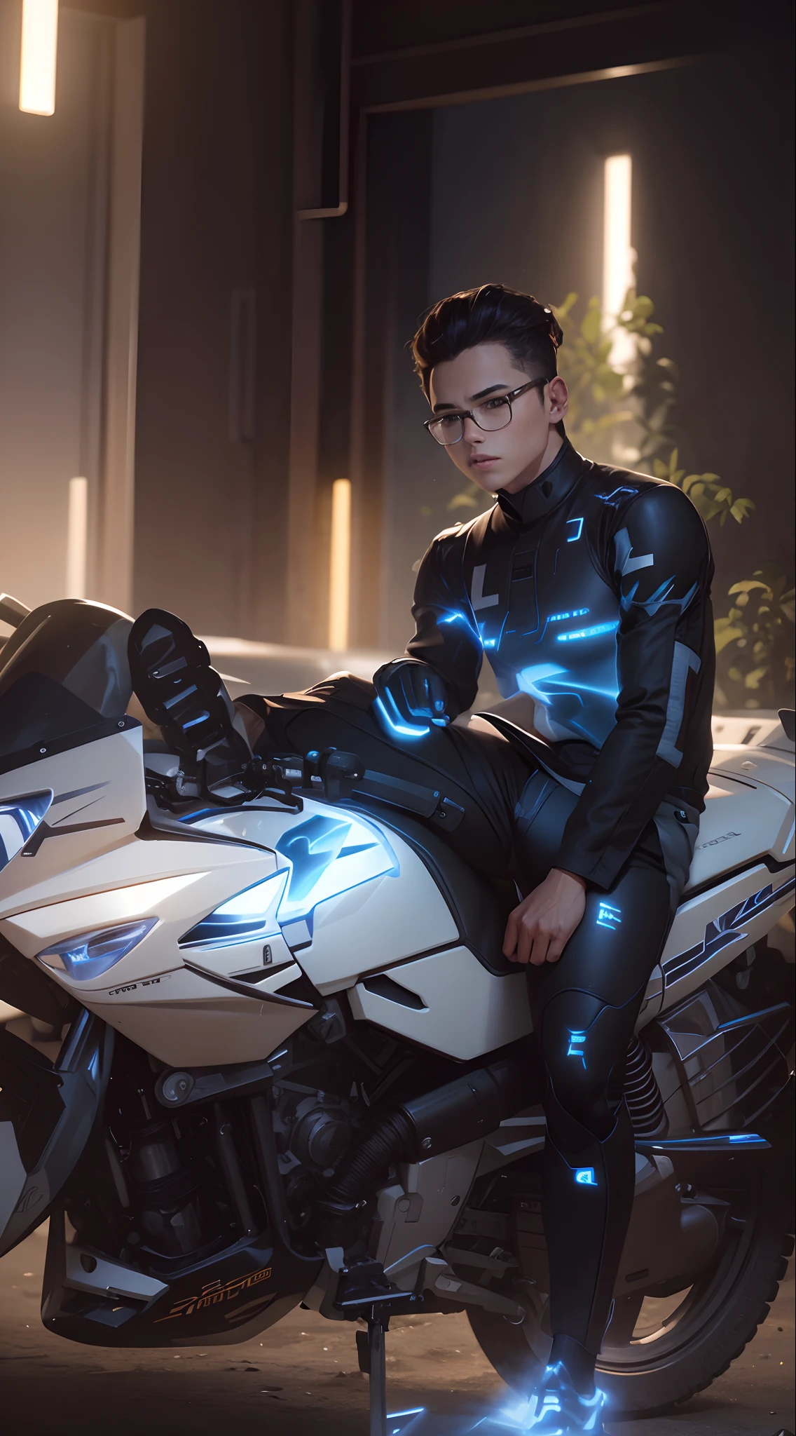 A young boy in a tight sci - fi uniform, with a slim figure, whole body, with her hair up, male warrior