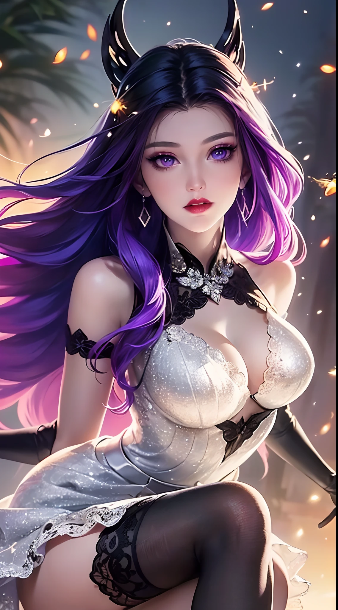 1 beautiful and sexy 20 year old girl, ((wearing a super purlpe dress:1.6)), ((a dress with diamonds:1.7)), ((long purple hair:1.6)), jewelry elaborately made from precious stones and beautiful hair, ((A thin red silk scarf covers half of the face:1.5)), (((wearing a thin light purple silk mask:1.5))), the noble, noble style of an extremely beautiful girl, her small face is super cute, her face is very pretty, thin eyebrows, flawless beautiful face, ((black eye pupils: 0.8)), very beautiful eyes, ((purple eyes: 1.6)), (((big round eyes:1.6))), nice makeup and hair detailed eyelashes, steamy eye makeup, high nose, earrings, red lips, ((closed mouth: 1.5)) beautiful lips, slim hands, most beautiful thighs, ((arms spread out to the sides: 1.5)), rosy face, flawless beautiful face, smooth white skin, (big breasts: 1.5)), ((high breasts: 1.6)), tight breasts, beautiful cleavage, (((big breasts and super round: 1.8))), ((super tight breasts: 1.7)) , beautiful breasts, perfect body, back arms, chest out, ((thin black mesh stockings with black lace trim:1.5)), ((sitting position with chest up and arms behind: 1.6)), ((open your legs:1.2)), don't be shy, 8k photo, super high quality, super realistic, super 10x pixels, optical, bright studio, bright edges, dual-tone lighting, (high-detail skin:1.2), super 8k, soft lighting, high quality, volumetric lighting, photorealistic, photorealistic high resolution, lighting, best photo, 4k, 8k quality, blur effect, smooth sharp, 10 x pixel, ((Beach at night and fireflies background:1.5)), aurora, lightning, super graphics realistic, most realistic graphics, 1 girl, alone, solo, Extremely sharp image, surreal, (((frontal portrait: 1.5)))."