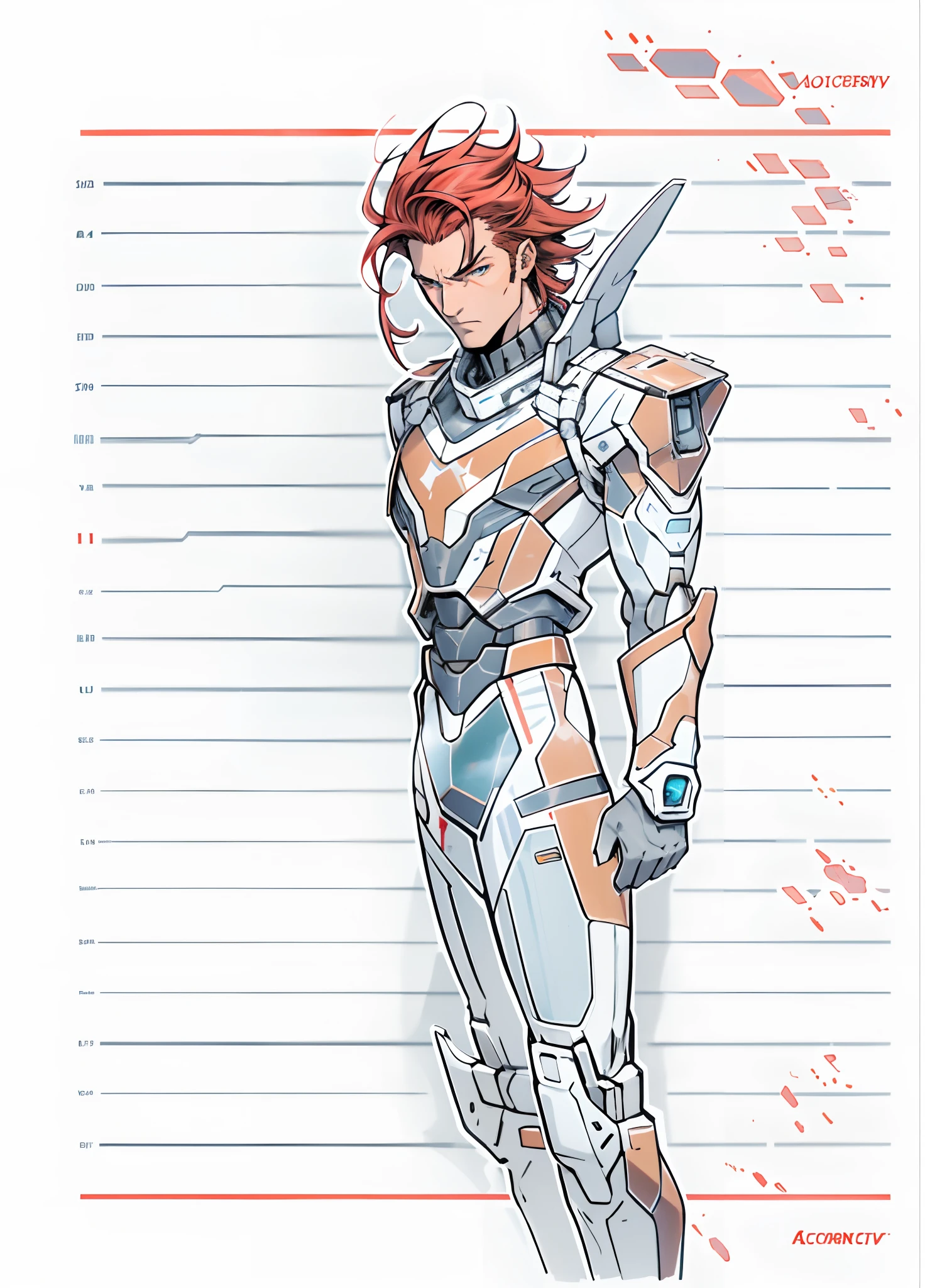 A man with short red-gold hair, hair slicked back, thick and disheveled hair, a cold and ruthless gaze, a confident expression, wears a two-piece futuristic military-style uniform, primarily in shades of white and red, accented by touches of yellow, streamlined wristguard gloves, matching trousers, he stands in a futuristic sci-fi-style hangar housing a colossal mech, stands within a futuristic sci-fi hangar, where a colossal mech is stationed, this character embodies a finely crafted futuristic military officer in anime style, characterized by an exquisite and mature manga illustration art style, high definition, best quality, highres, ultra-detailed, ultra-fine painting, extremely delicate, professional, anatomically correct, symmetrical face, extremely detailed eyes and face, high quality eyes, creativity, RAW photo, UHD, 8k, Natural light, cinematic lighting, masterpiece:1.5