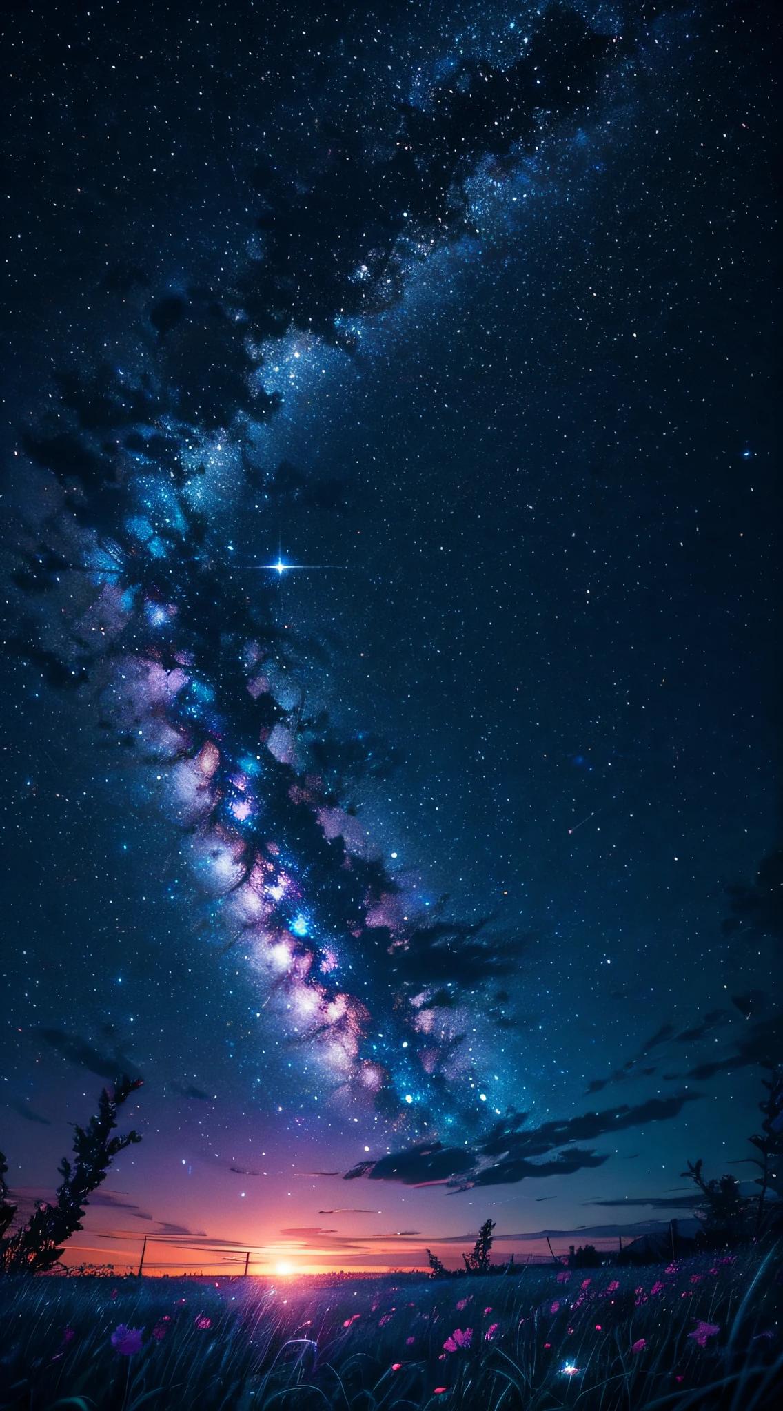 Describe a scene where a cute girl character is lying on a grassy hill, Looking up at the starry sky. Surround her with colorful nebulae and her favorite constellations.