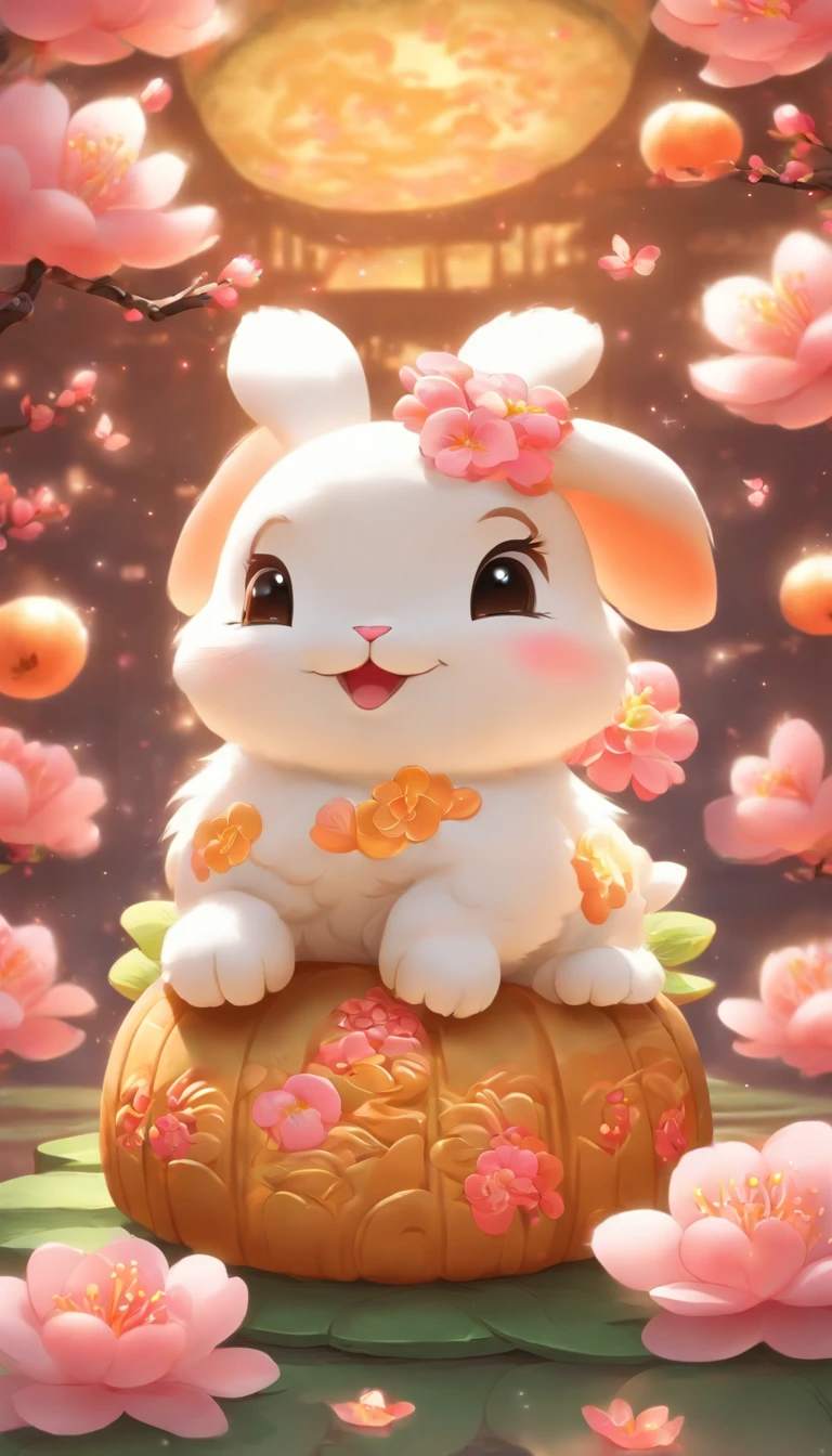 A cute rabbit sitting on a mooncake enjoying peach blossoms, ultra-fine details, photo-realistic, high-resolution, vibrant colors, soft fur, fluffy tail, pink little nose, sparkling eyes, round ears, chubby body, white and gray fur, vibrant peach blossoms, blooming flowers, crispy mooncake with a golden crust, decorative patterns on the mooncake, the devout gaze of the rabbit, playful interactions between rabbits, moonlight reflecting on their fur, subtle starry sky in the background, a scene filled with harmony and a sense of balance, a sublime setting full of gentleness and beauty.