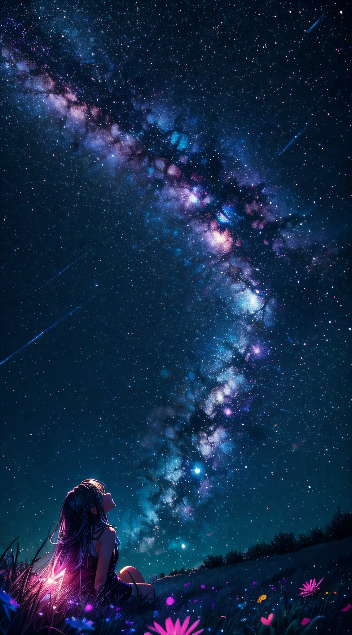Describe a scene where a cute girl character is lying on a grassy hill, Looking up at the starry sky. Surround her with colorful nebulae and her favorite constellations.