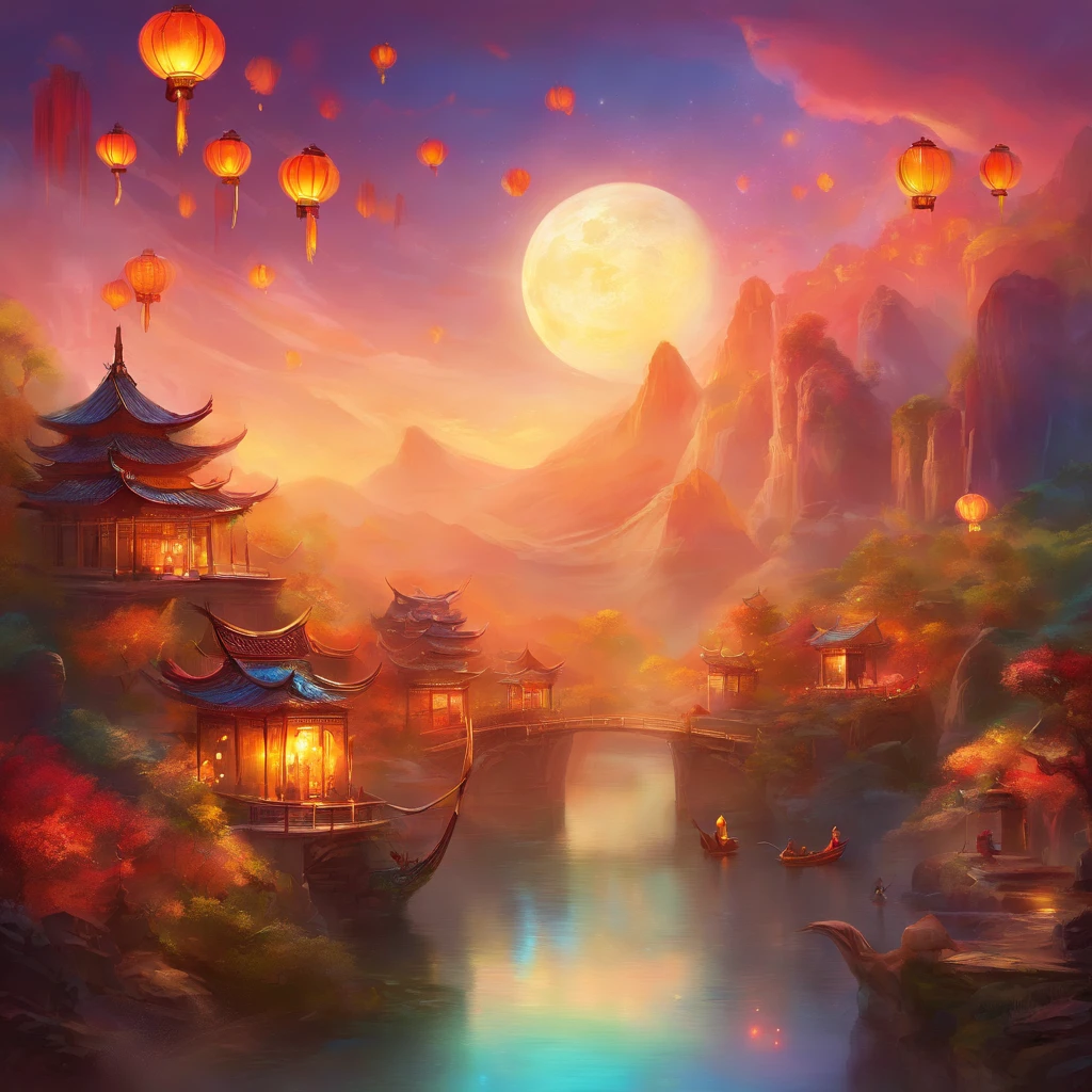 Festive lanterns, Family reunion, Moon cake, Moon viewing, Impressionism, Dragon dance, Panoramic view, Warm light, Festive lighting, Colorful light