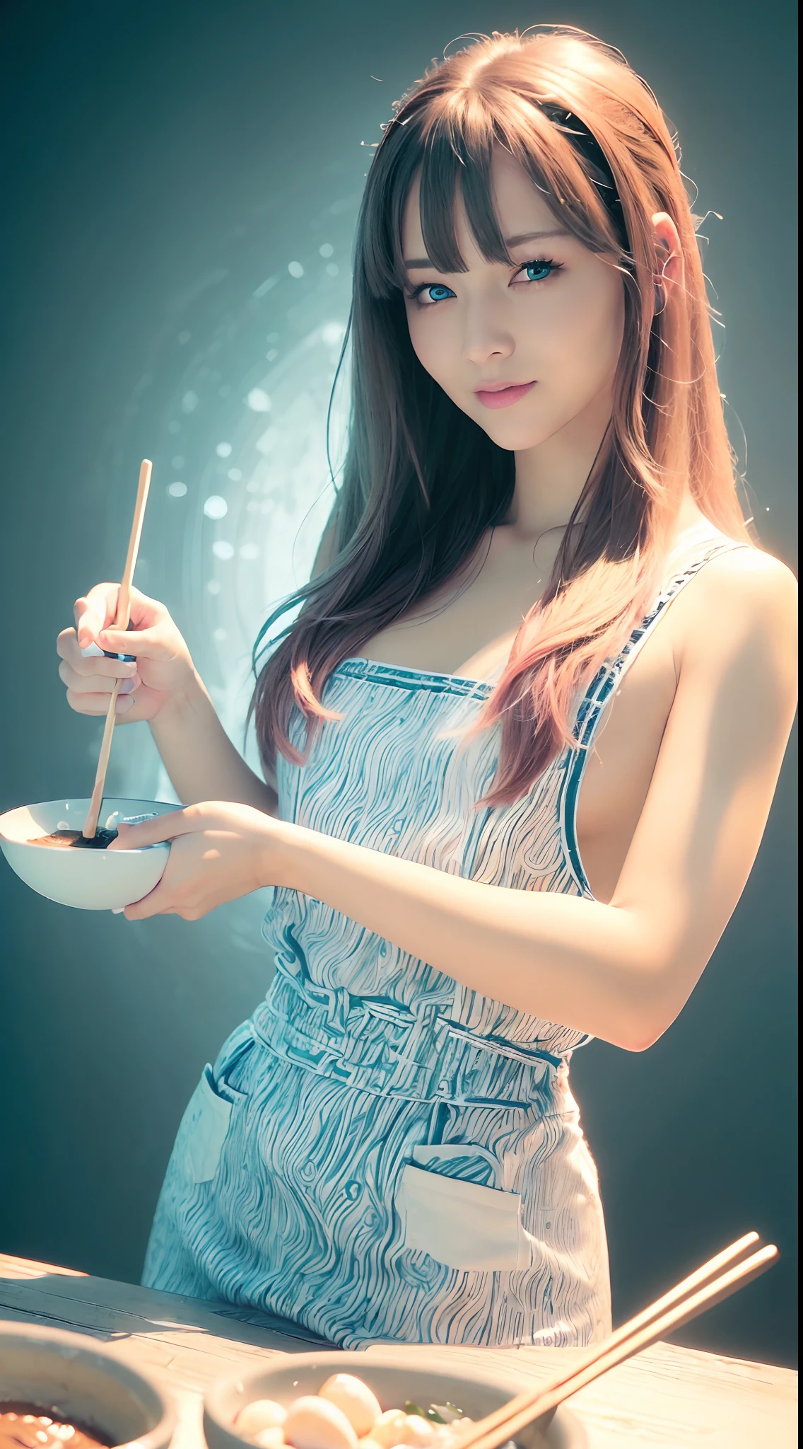 (Best quality, Ultra-detailed, Realistic:1.37), sliver long hair, Fantastic blue eyes, Happy woman beating eggs with chopsticks, Soft lighting, pink apron, illustration, bangs, Flowing hair, Gentle breeze, Shiny hair