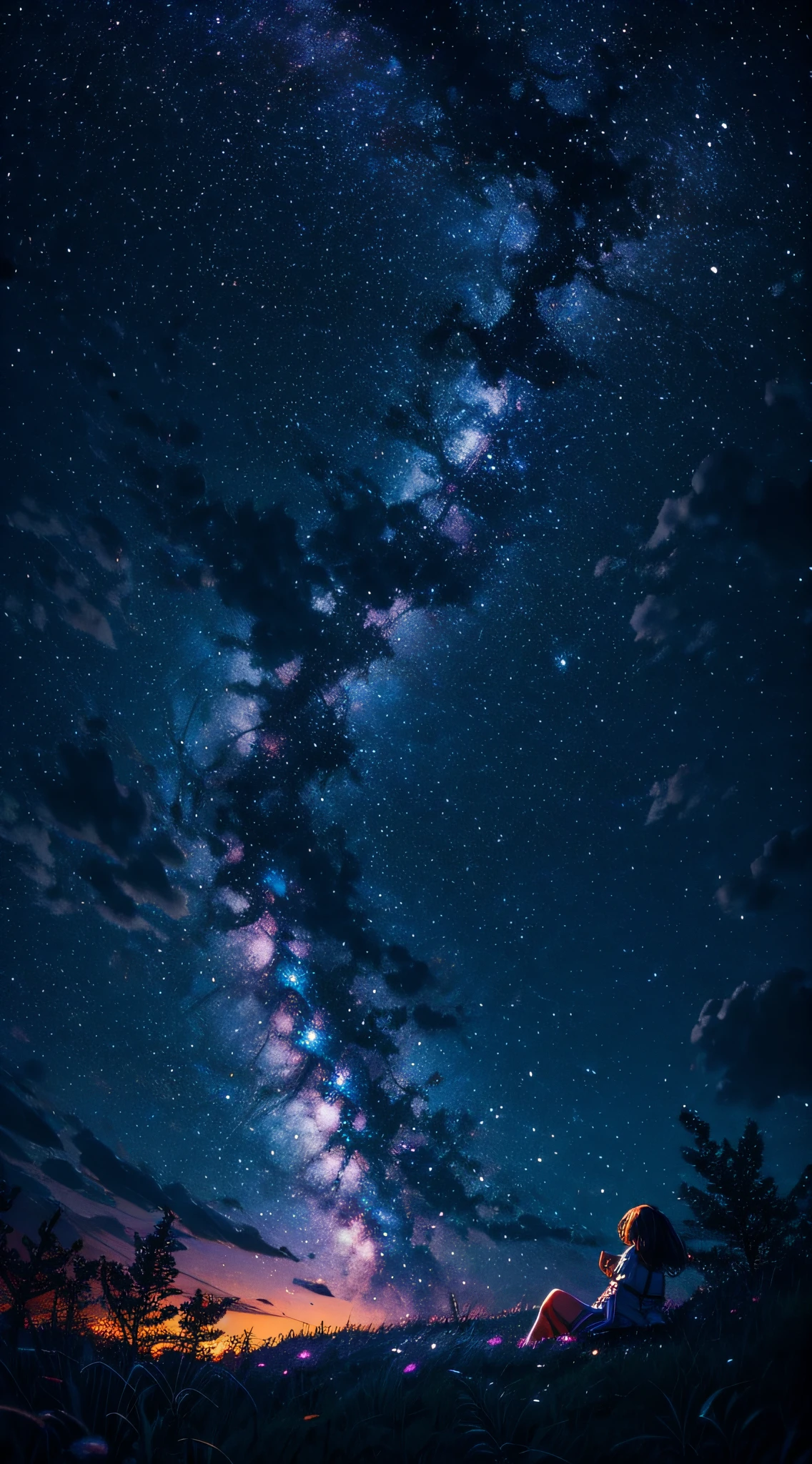 Describe a scene where a cute girl character is lying on a grassy hill, Looking up at the starry sky. Surround her with colorful nebulae and her favorite constellations.