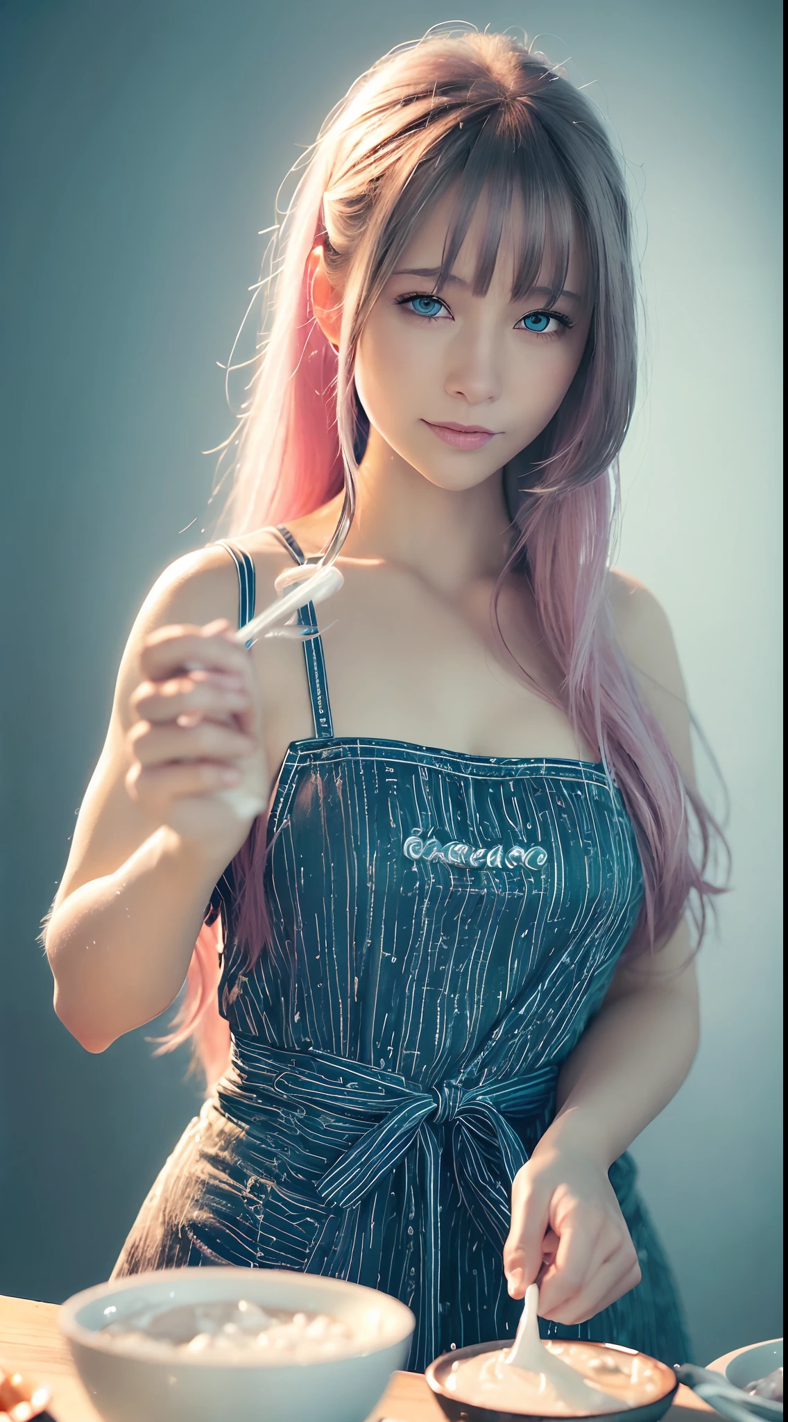 (Best quality, Ultra-detailed, Realistic:1.37), sliver long hair, Fantastic blue eyes, Happy woman beating eggs with chopsticks, Soft lighting, pink apron, illustration, bangs, Flowing hair, Gentle breeze, Shiny hair