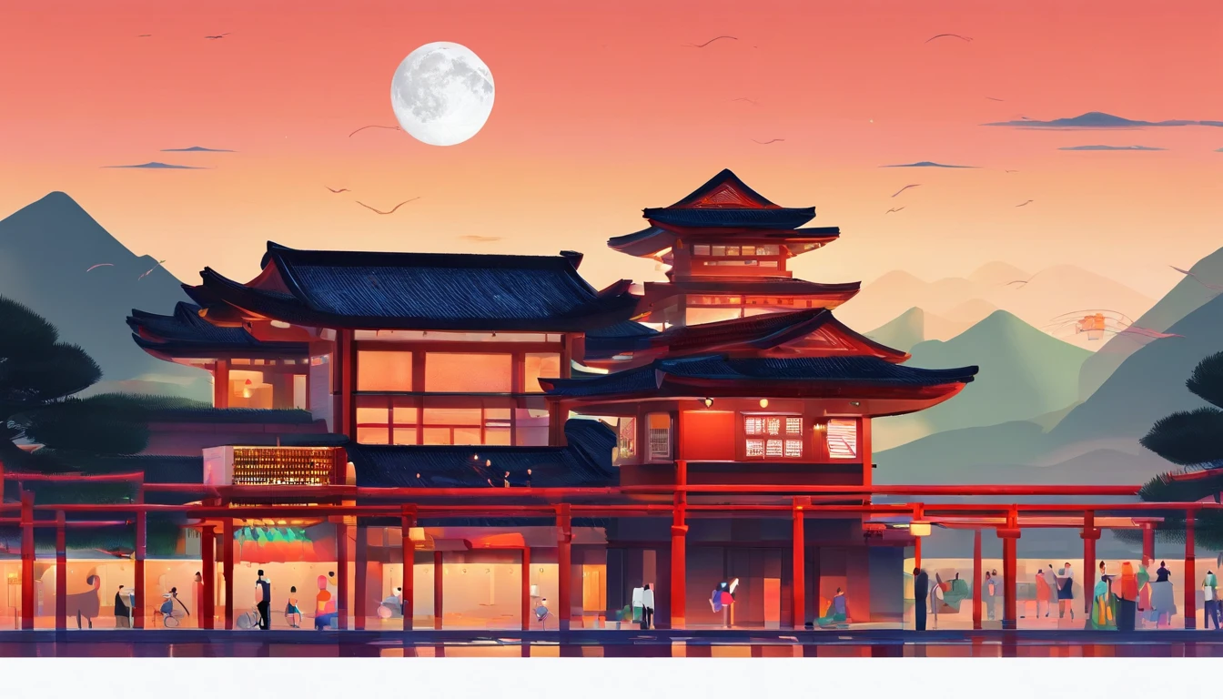 Festive lanterns, Family reunion, Moon cake, Moon viewing, Impressionism, Dragon dance, Panoramic view, Warm light, Festive lighting, Colorful light
