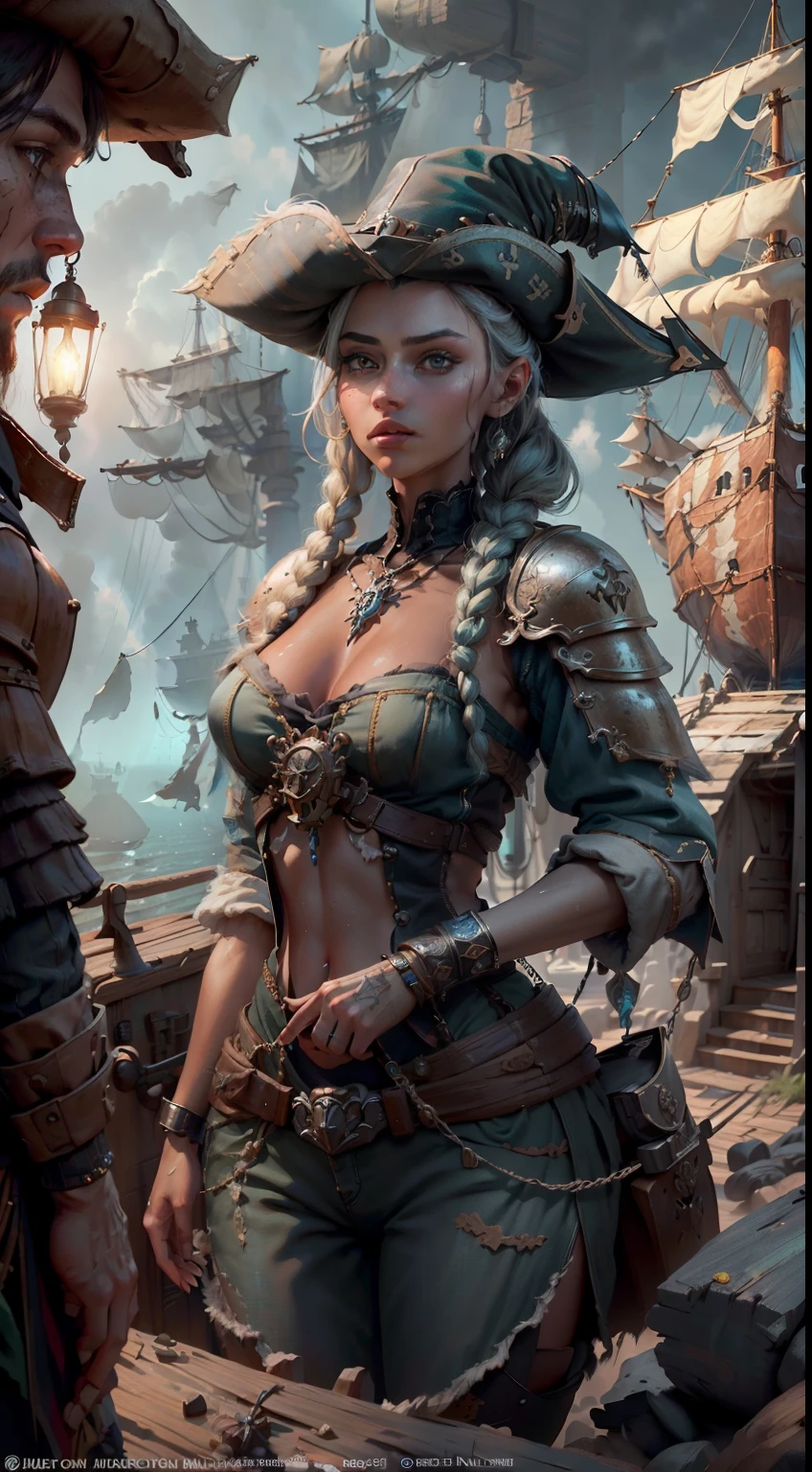 (((Multi-person interaction, With men and women))), (Highly detailed RAW color photos, Ridiculous resolution, high resolution, Super detailed), ((R 9 6 corners)), dark-skin, goodlooking, Courageous expression, mature, Slender shoulders, very thin body, Black captive black pirate hat, Dirty white braids, vibrant green eyes, (Detailed eyes and detailed face), Extremely detailed 8K photos, (full bodyesbian: 0.9), Beautiful woman, Outboard, Outboard background, Detailed face, (Medieval fantasy theme: 1.3), Light blue pirate themed armor，The details are very complex, blue pants, ship in background, Inside the ship, The deck of the ship, Inspired by dungeons & Dragons, Digital artwork, Surreal, photography of, softlighting, Discreet details, octane, trends in art station, Ultra-high level of detail, Surreal, film, 16k,