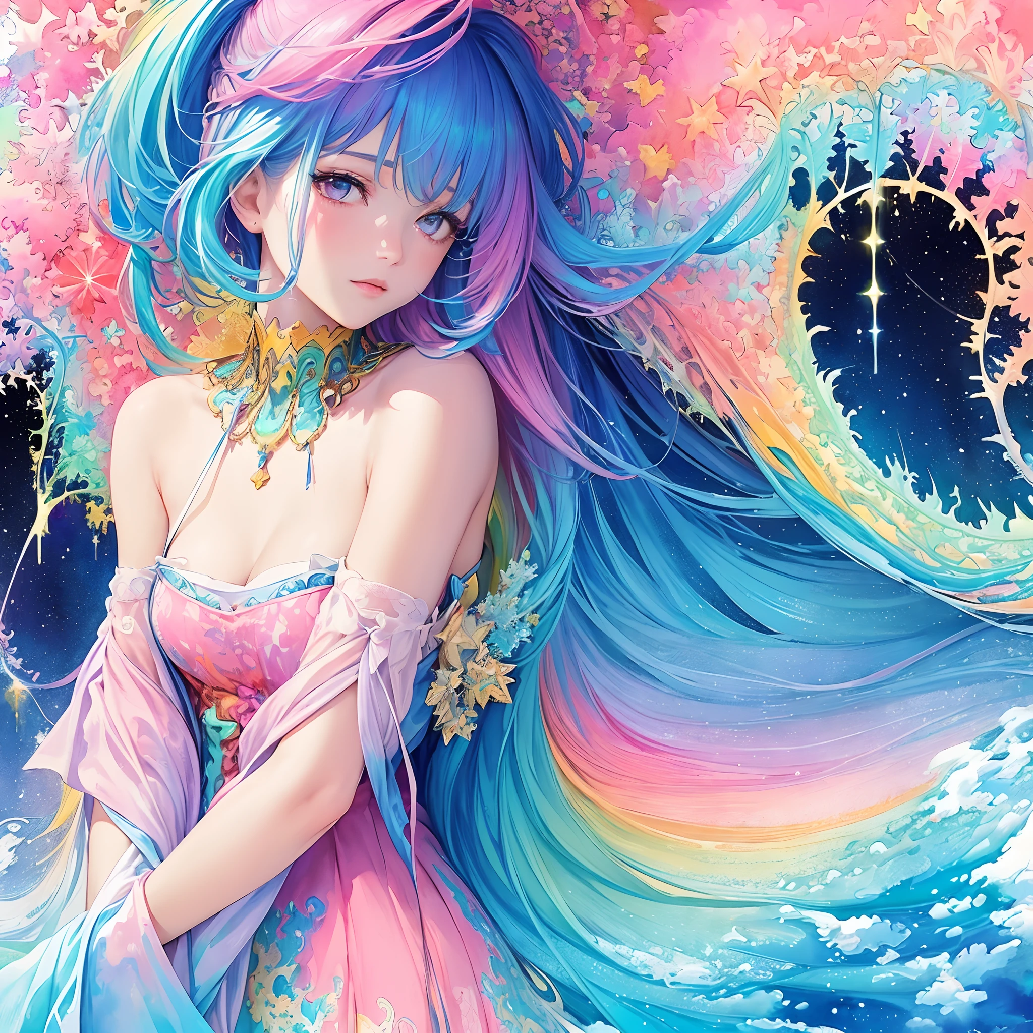 (masterpiece, top quality, best quality,watercolor (medium),official art, beautiful and aesthetic:1.2),(1girl:1.3), (fractal art:1.3),upper body, from side, looking at viewer,patterns,(rainbow color Hair,colorful hair,half blue and half pink hair:1.2),water,liquid, cloud,colorful, starry,stars,