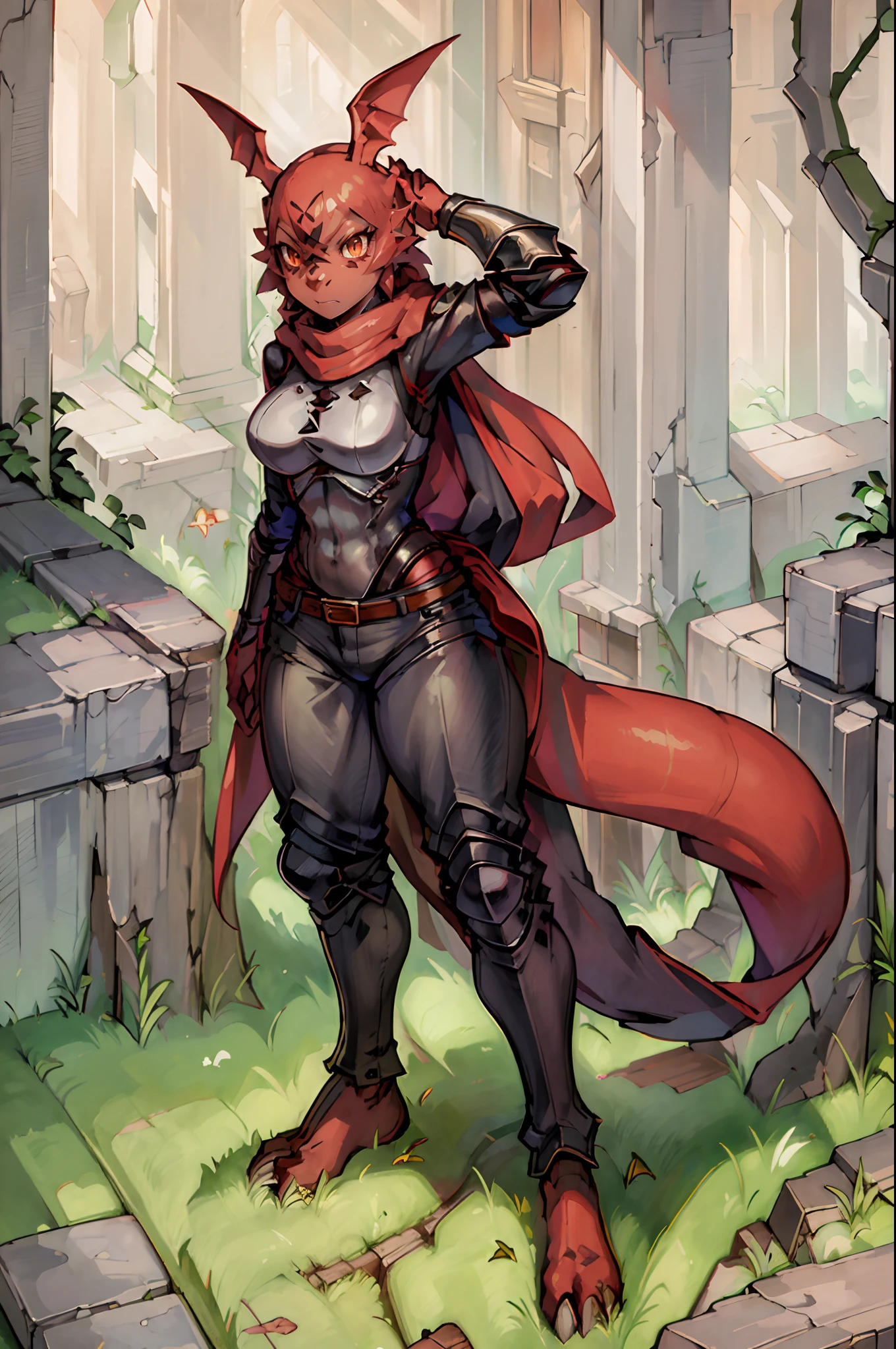 Masterpiece, best quality, ruins, crack, rubble, moss, grass, light amber eyes, solo, standing, guilmon, red body, tail, anthro, black tattoo,full armore, pants, tunic, medium breas, cloak, scarf, warior, knight, 1girl