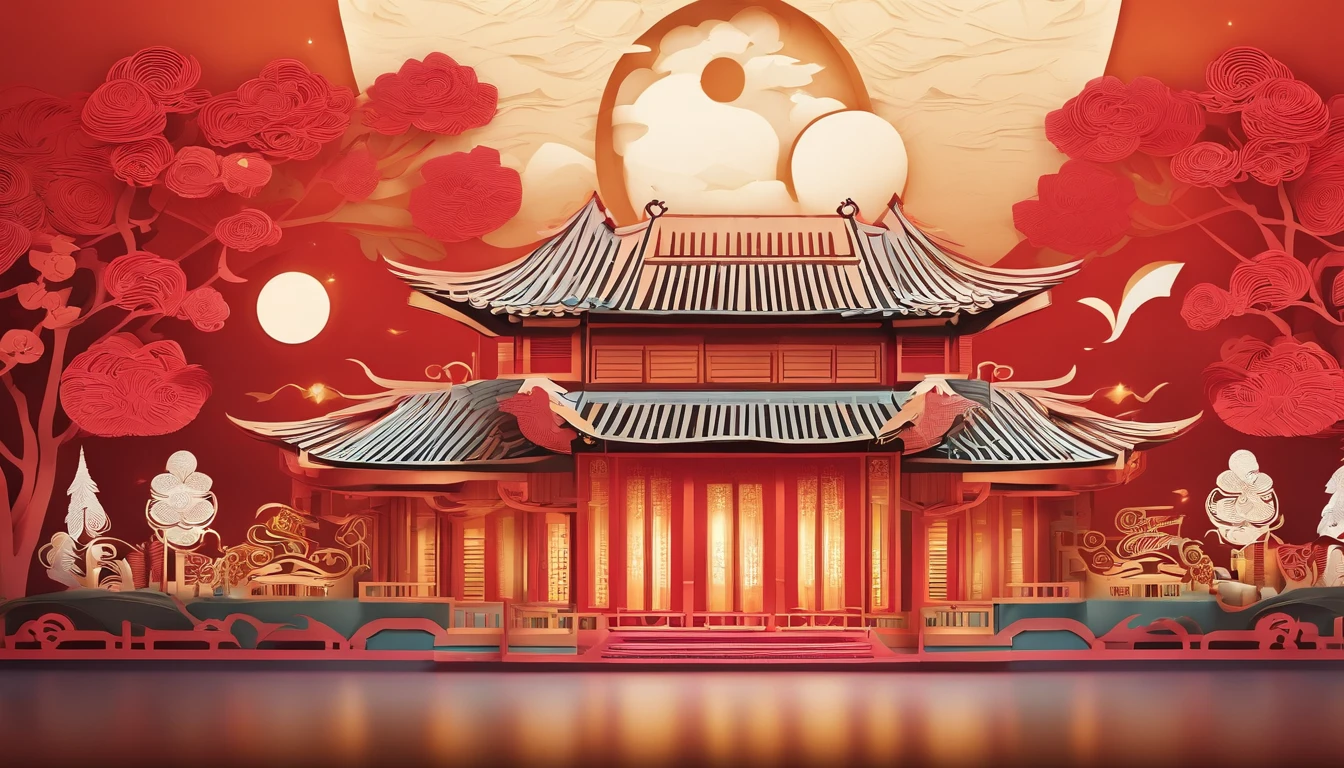 Festive lanterns, Family reunion, Moon cake, Moon viewing, Impressionism, Dragon dance, Panoramic view, Warm light, Festive lighting, Colorful light
