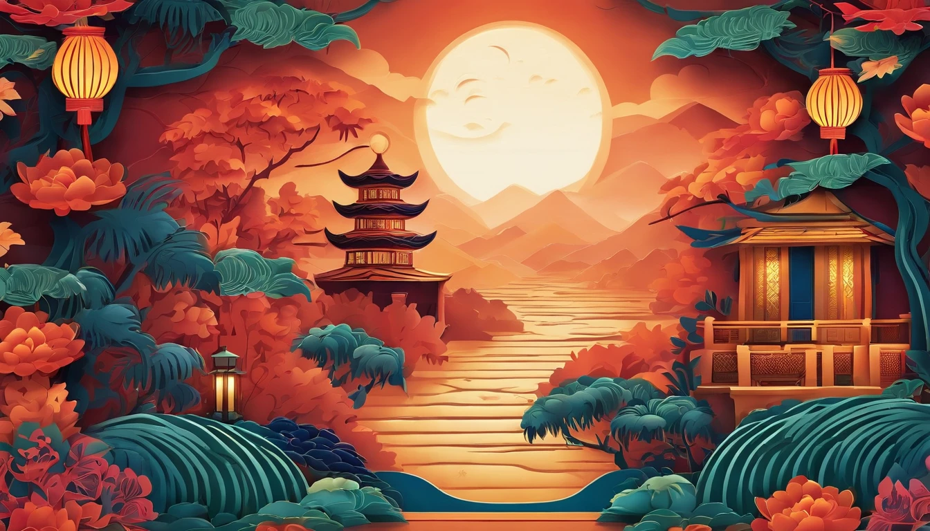 Festive lanterns, Family reunion, Moon cake, Moon viewing, Impressionism, Dragon dance, Panoramic view, Warm light, Festive lighting, Colorful light