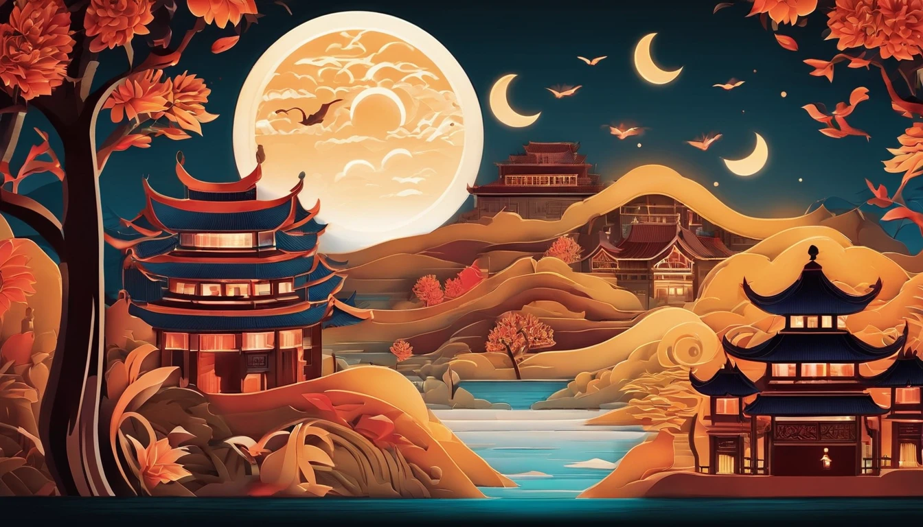 Festive lanterns, Family reunion, Moon cake, Moon viewing, Impressionism, Dragon dance, Panoramic view, Warm light, Festive lighting, Colorful light