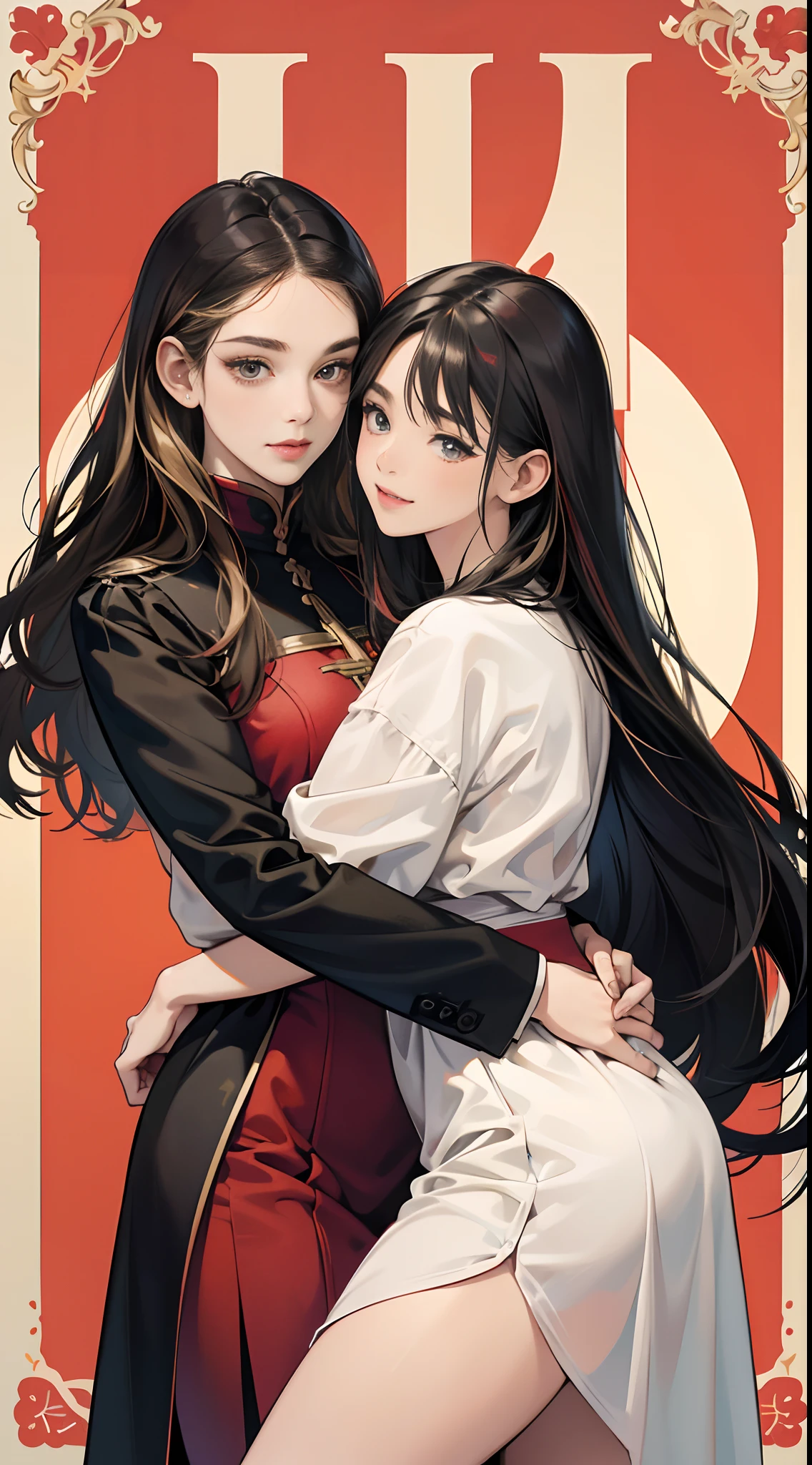 (Best Quality,4K,High resolution),2 girls in(18yo woman, Long hair, Straight hair，Woman with cool red-black highlight hair，sharp eye，be bashful，Blonde and neat woman，), Details of delicate illustrations，Realistic portrayal，Vibrant colors，expresive，Classic background(Best Quality,4K,High resolution)，Hugging，comic strip，animesque，Comical illustration，busy，Deformed cute illustration