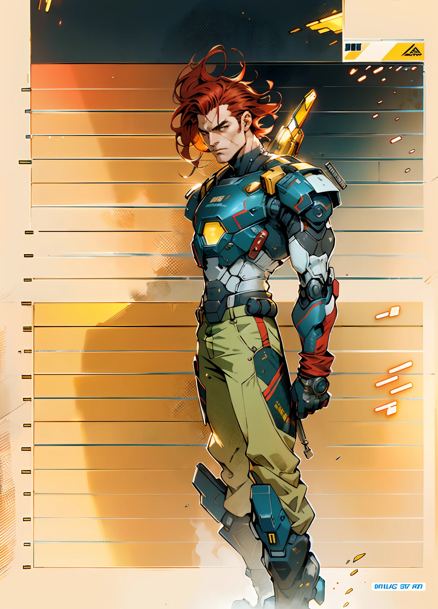 A man with short red-gold hair, hair slicked back, thick and disheveled hair, a cold and ruthless gaze, a confident expression, wears a two-piece futuristic military-style uniform, primarily in shades of white and red, accented by touches of yellow, streamlined wristguard gloves, matching trousers, he stands in a futuristic sci-fi-style hangar housing a colossal mech, stands within a futuristic sci-fi hangar, where a colossal mech is stationed, this character embodies a finely crafted futuristic military officer in anime style, characterized by an exquisite and mature manga illustration art style, high definition, best quality, highres, ultra-detailed, ultra-fine painting, extremely delicate, professional, anatomically correct, symmetrical face, extremely detailed eyes and face, high quality eyes, creativity, RAW photo, UHD, 8k, Natural light, cinematic lighting, masterpiece:1.5