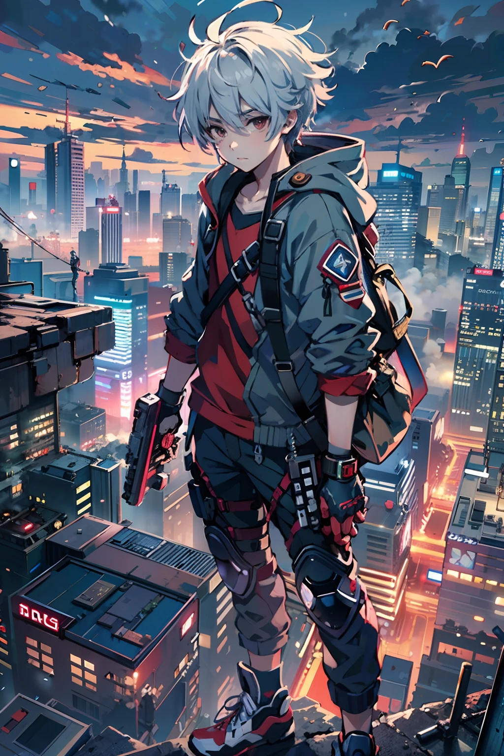 1boy,(a 13 yo boy:1.5)、Anime-style protagonist、Cyberpunk Boy、silber hair、katanas,machine gun、Whole body bloody、Overhead view of the composition、The beginning of the adventure、Lots of clouds,heavy fog、Moon,Chaotic city of the future、dystopian、Vibrant lighting、Chaotic、Beautiful and fantastic scenery、Cinematic scenery、hightquality、masutepiece,in 8K、hight resolution、