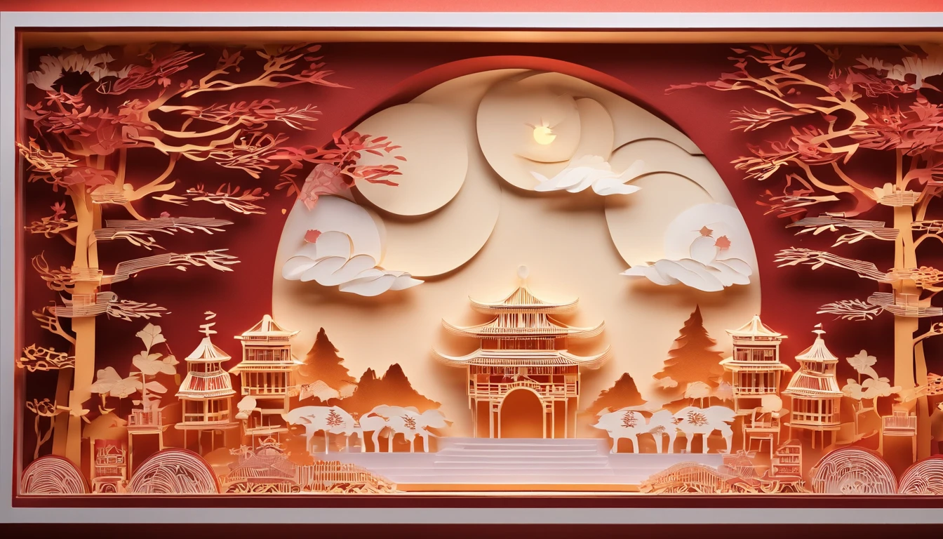 Festive lanterns, Family reunion, Moon cake, Moon viewing, Impressionism, Dragon dance, Panoramic view, Warm light, Festive lighting, Colorful light