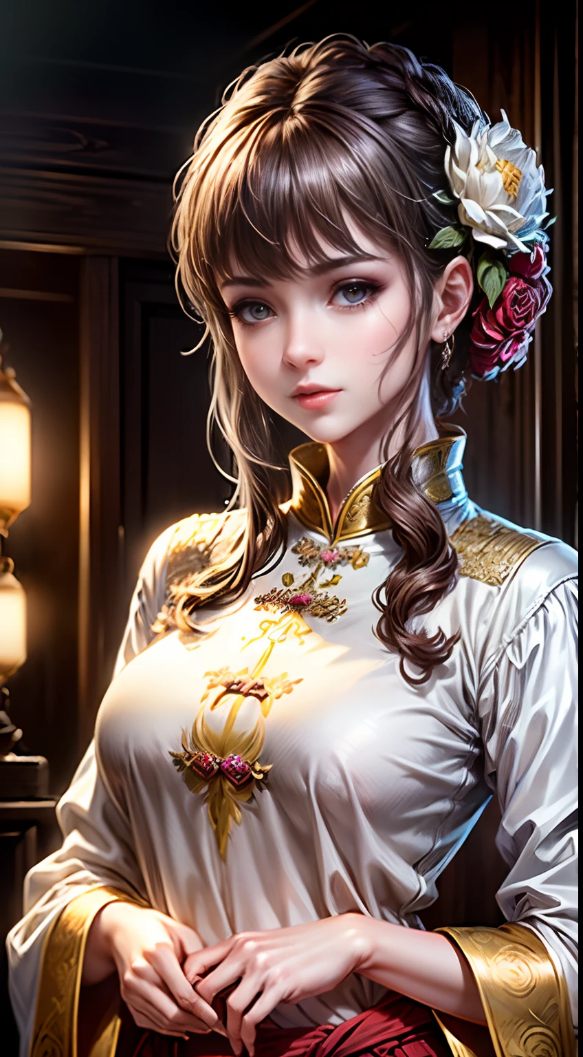 (Best quality, Masterpiece, Extremely detailed CG, Game CG:1.5), full bodyesbian,1 girl,An extremely delicate and beautiful girl, Extremely detailed eyes and face, beautiful detailed glow,Lagasprín，on cheongsam，Medium breast, illustration, Cinematic lighting, Best shadow,(White background:1.3)