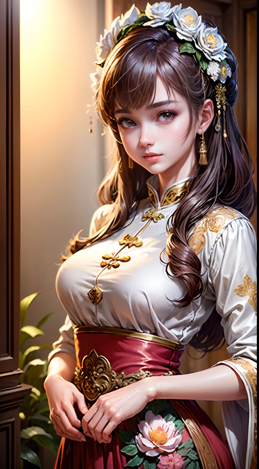 (Best quality, Masterpiece, Extremely detailed CG, Game CG:1.5), full bodyesbian,1 girl,An extremely delicate and beautiful girl, Extremely detailed eyes and face, beautiful detailed glow,Lagasprín，on cheongsam，Medium breast, illustration, Cinematic lighting, Best shadow,(White background:1.3)