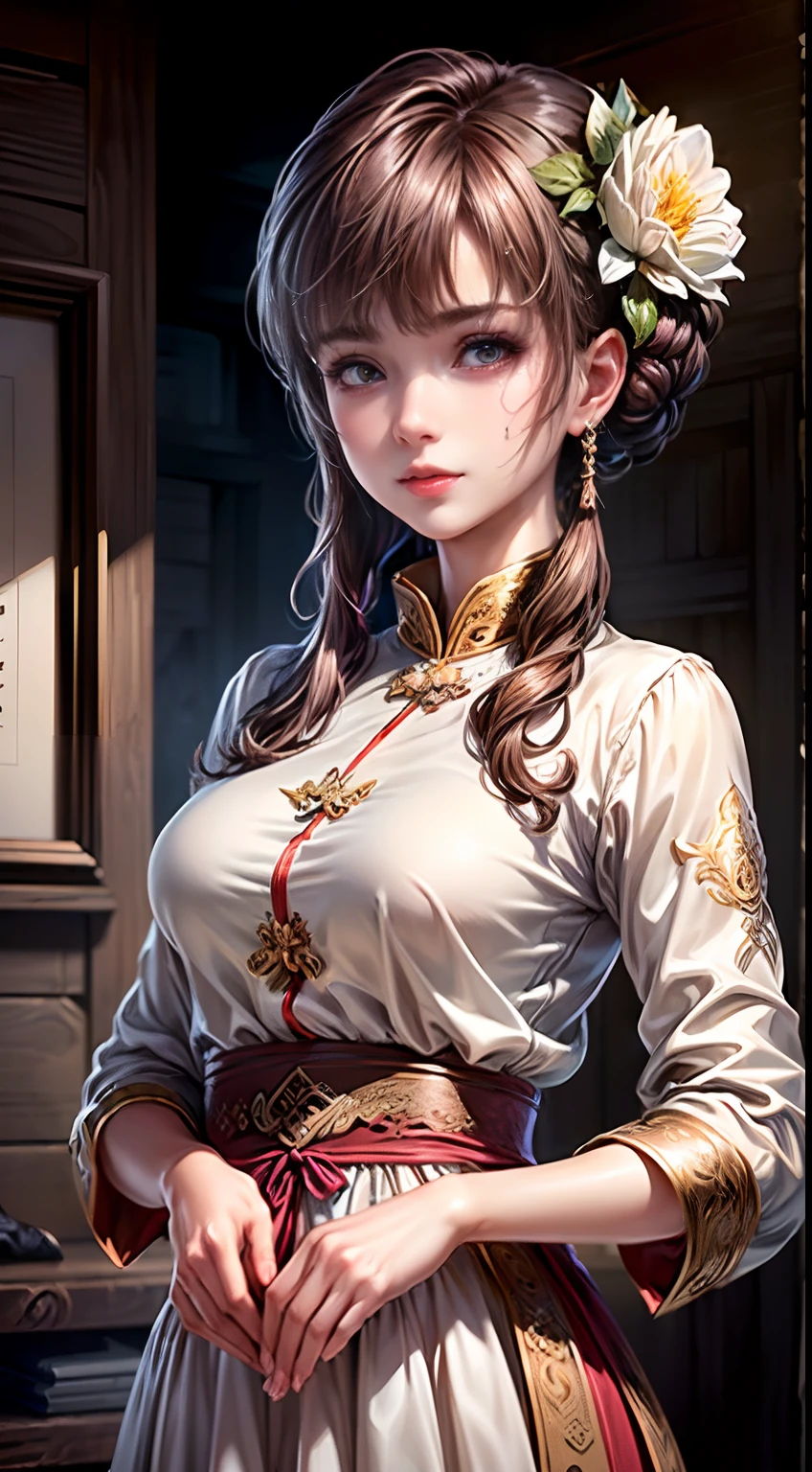 (Best quality, Masterpiece, Extremely detailed CG, Game CG:1.5), full bodyesbian,1 girl,An extremely delicate and beautiful girl, Extremely detailed eyes and face, beautiful detailed glow,Lagasprín，on cheongsam，Medium breast, illustration, Cinematic lighting, Best shadow,(White background:1.3)