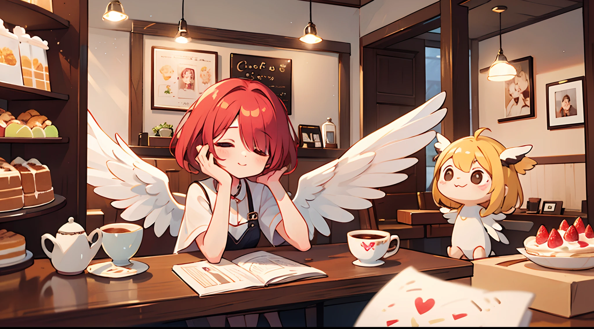 photoRealstic、Drawing of a girl with angel wings、Beautiful Angel Girl、Close one eye、Luxurious rooms in the coffee shop、Strawberry Shortcake and Coffee Set