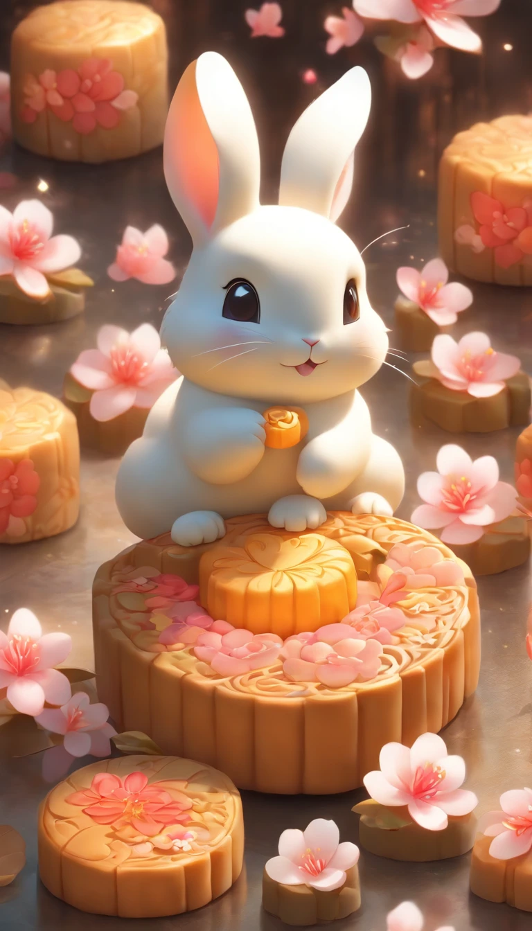 Sit on mooncakes and admire the cute rabbit of peach blossoms, Ultra-fine details, photo-realistic, A high resolution, Vibrant colors, with its soft fur, Fluffy tail, Small pink nose, Sparkling eyes, Round ears, Chubby body, White and gray fur, Vibrant peach blossoms, Blooming flowers, Crispy mooncakes，Golden yellow shell, Decorative pattern on mooncakes, Rabbit's reverent gaze, Playful interaction between rabbits, Moonlight is reflected on their fur, Subtle starry sky in the background, A scene full of harmony and balance, A sublime setting full of tenderness and beauty.