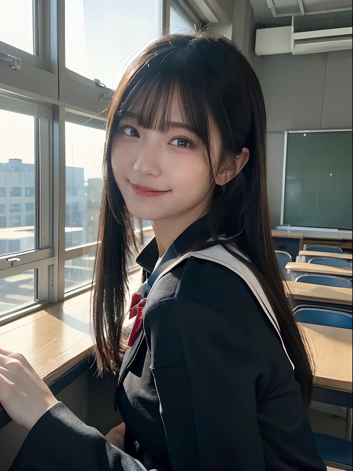 (top-quality,masterpiece:1.3,超A high resolution,),(ultra-detailliert,Ultra-fine,Caustics),(in 8K,Photorealsitic:1.4,RAW shooting),A girl sitting next to me in a school classroom looks at me and smiles.,Bust-up shot