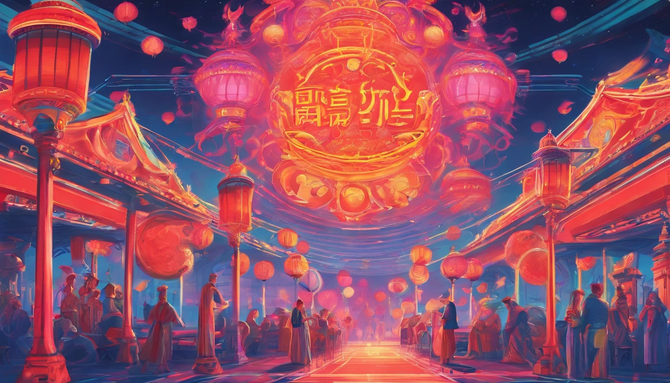 Festive lanterns, Family reunion, Moon cake, Moon viewing, Impressionism, Dragon dance, Panoramic view, Warm light, Festive lighting, Colorful light