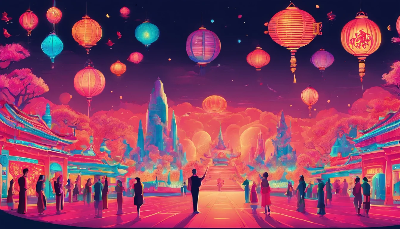 Festive lanterns, Family reunion, Moon cake, Moon viewing, Impressionism, Dragon dance, Panoramic view, Warm light, Festive lighting, Colorful light