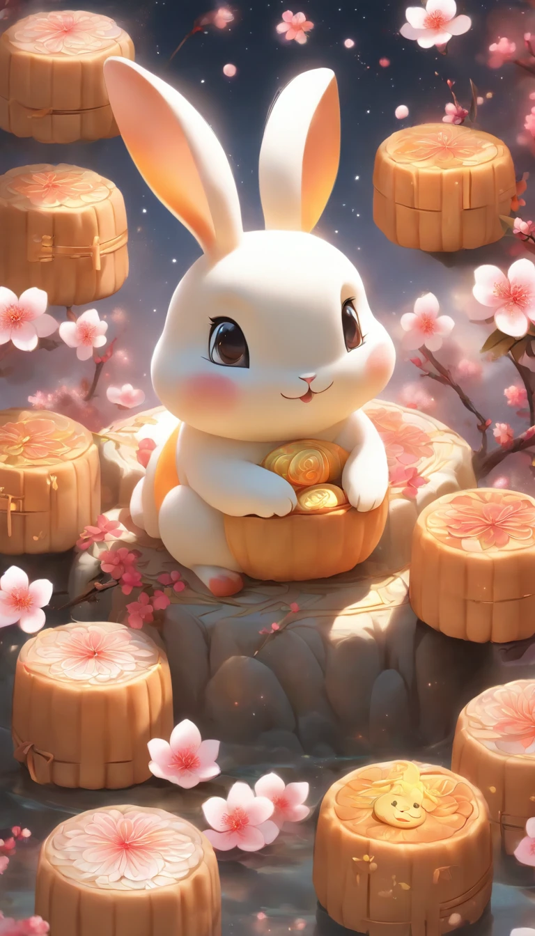 Sit on mooncakes and admire the cute rabbit of peach blossoms, Ultra-fine details, photo-realistic, A high resolution, Vibrant colors, with its soft fur, Fluffy tail, Small pink nose, Sparkling eyes, Round ears, Chubby body, White and gray fur, Vibrant peach blossoms, Blooming flowers, Crispy mooncakes，Golden yellow shell, Decorative pattern on mooncakes, Rabbit's reverent gaze, Playful interaction between rabbits, Moonlight is reflected on their fur, Subtle starry sky in the background, A scene full of harmony and balance, A sublime setting full of tenderness and beauty