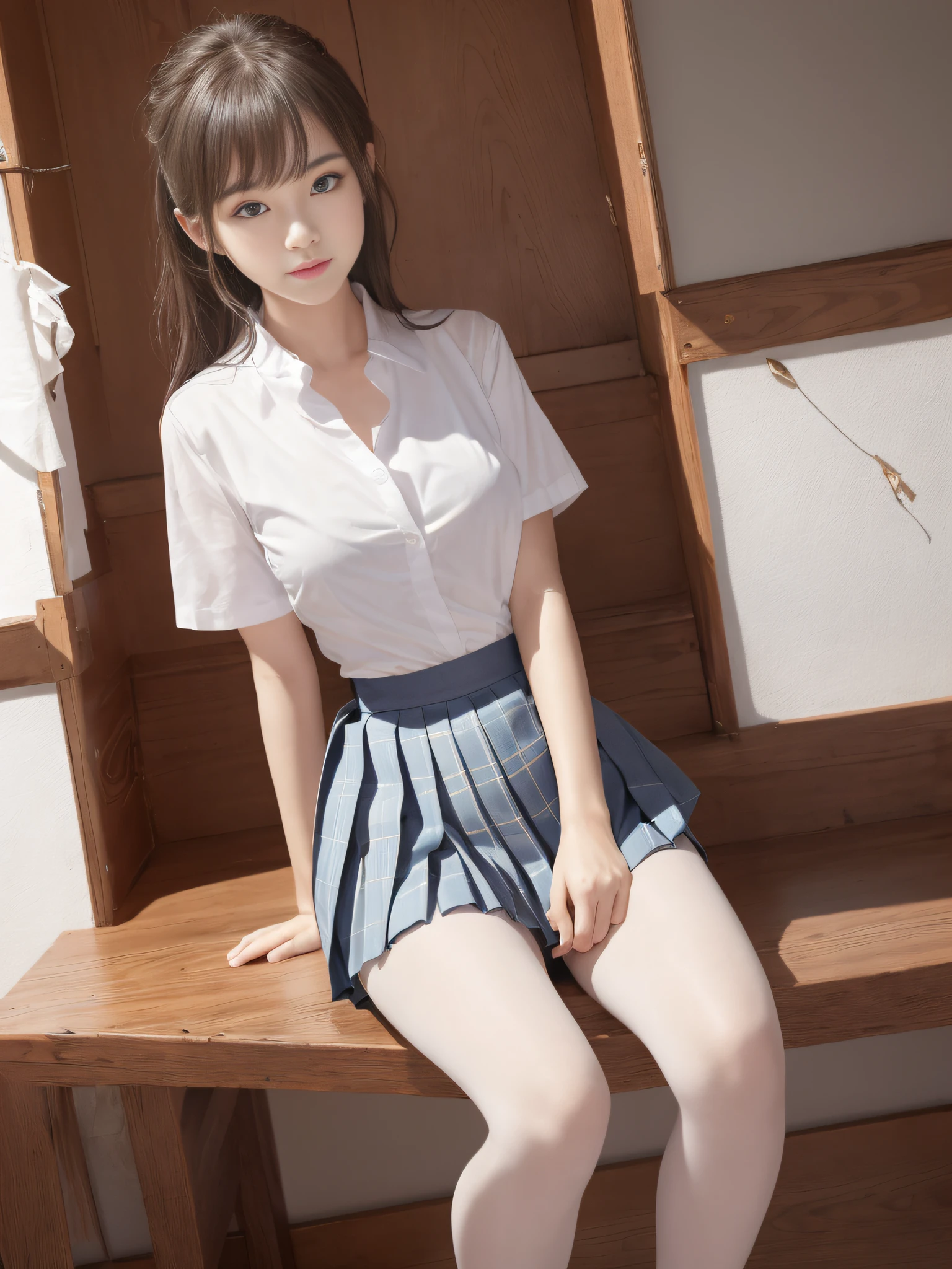 ((kpop idol)), lace panties, sitting, panties, open legs, skirt, school uniform, white panties, socks, black hair, shirt, blurry, blurred background, knees, white shirt, loafers, realistic, long hair, lips, brown eyes, black socks, bow tie, pleated skirt, bow, headrest, looking to the side, outdoors, brown shoes, masterpiece, best quality, ultra-detailed,