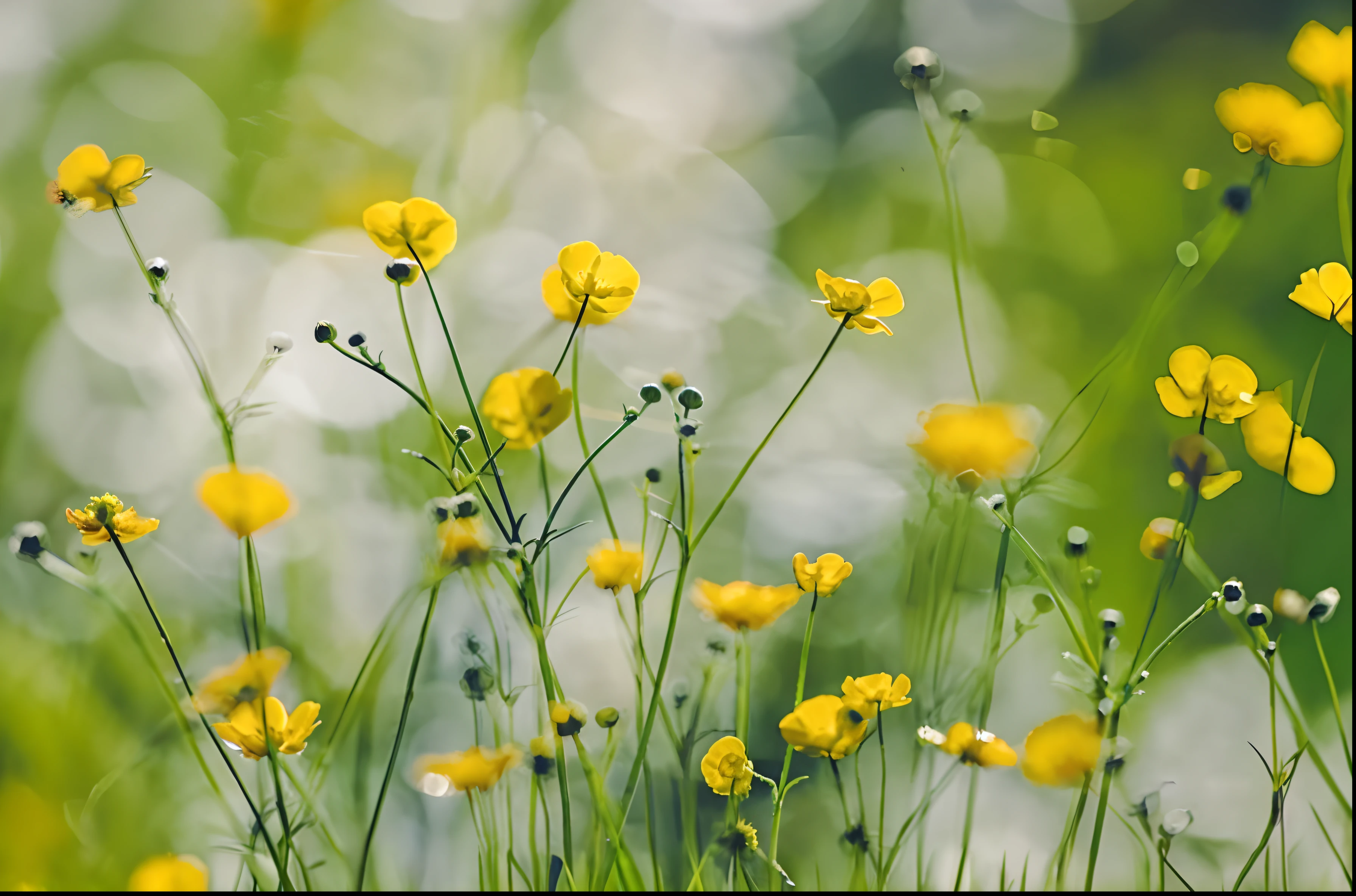 yellow flowers in a field with a blurry background, buttercups, yellow flowers, yellow and green, yellow and greens, meadow flowers, shades of yellow, green and yellow, green and yellow tones, yellow colours, with yellow flowers around it, in a field of flowers, green and yellow colors, field flowers, grass and flowers, meadow with flowers, wild flowers