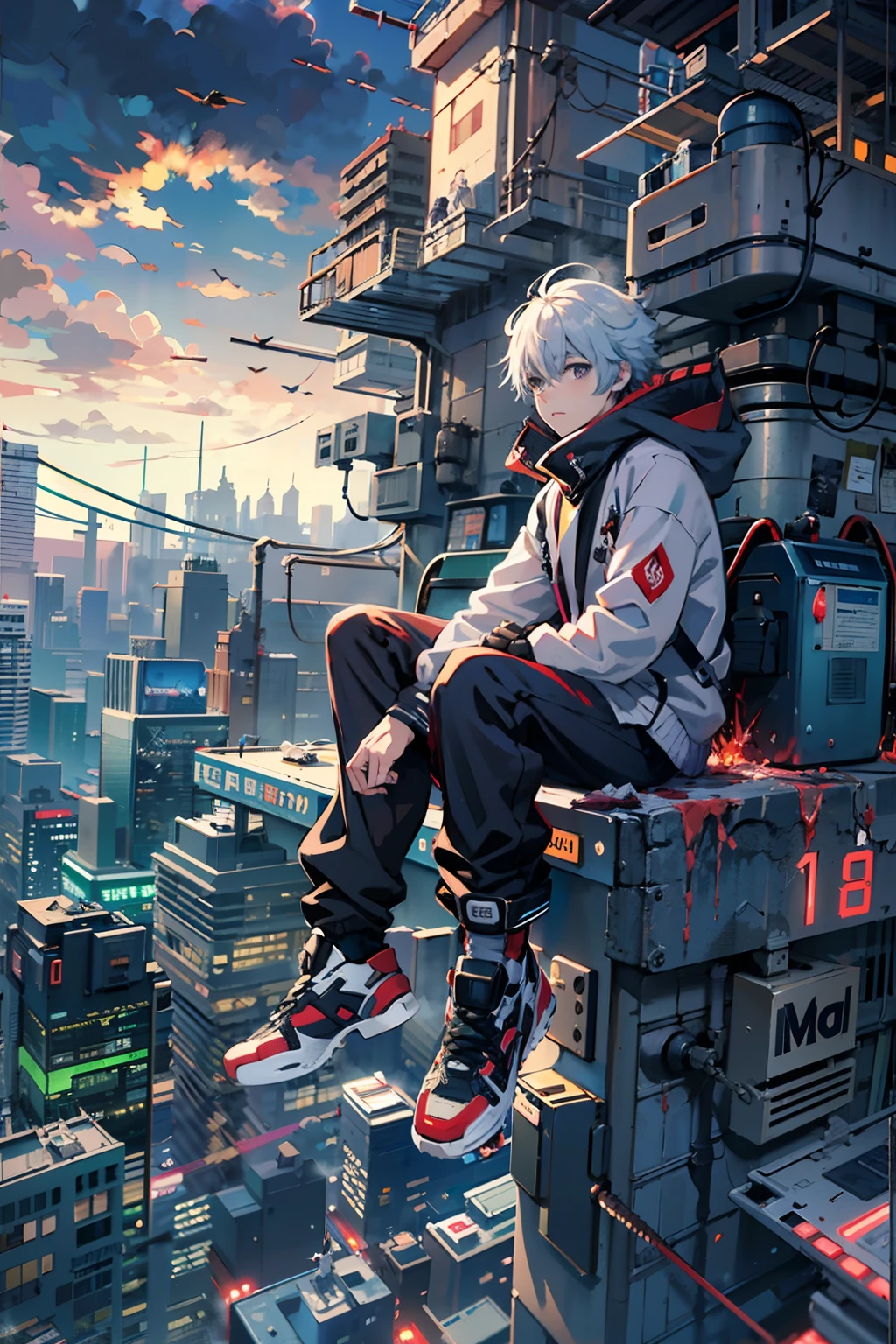 1boy,(a boy:1.5)、Anime-style protagonist、Cyberpunk Boy、silber hair、katanas,machine gun、Whole body bloody、Overhead view of the composition、The beginning of the adventure、Lots of clouds,heavy fog、Moon,Chaotic city of the future、dystopian、Vibrant lighting、Chaotic、Beautiful and fantastic scenery、Cinematic scenery、hightquality、masutepiece,in 8K、hight resolution、