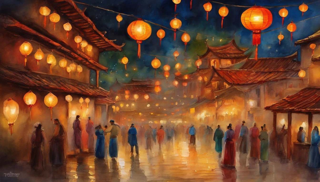 Festive lanterns, Family reunion, Moon cake, Moon viewing, Impressionism, Dragon dance, Panoramic view, Warm light, Festive lights, Colorful light