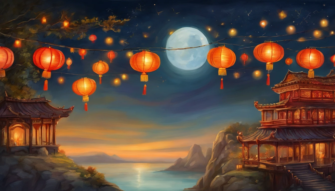 Festive lanterns, Family reunion, Moon cake, Moon viewing, Impressionism, Dragon dance, Panoramic view, Warm light, Festive lights, Colorful light
