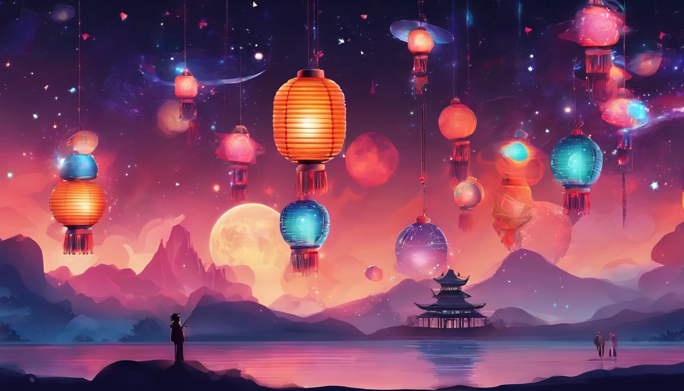 Festive lanterns, Family reunion, Moon cake, Moon viewing, Impressionism, Dragon dance, Panoramic view, Warm light, Festive lights, Colorful light
