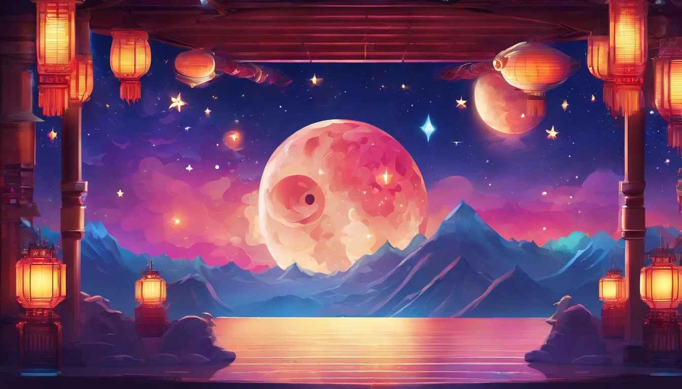Festive lanterns, Family reunion, Moon cake, Moon viewing, Impressionism, Dragon dance, Panoramic view, Warm light, Festive lights, Colorful light