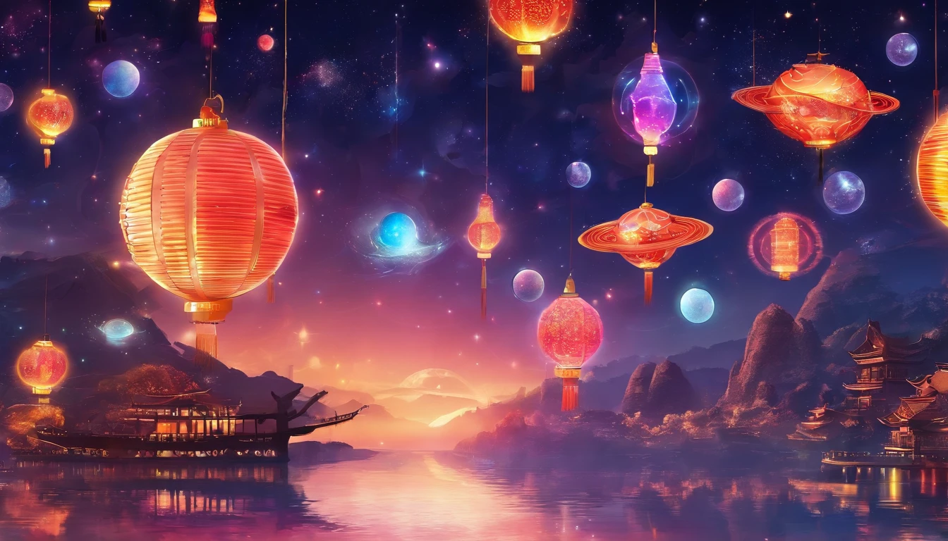 Festive lanterns, Family reunion, Moon cake, Moon viewing, Impressionism, Dragon dance, Panoramic view, Warm light, Festive lights, Colorful light