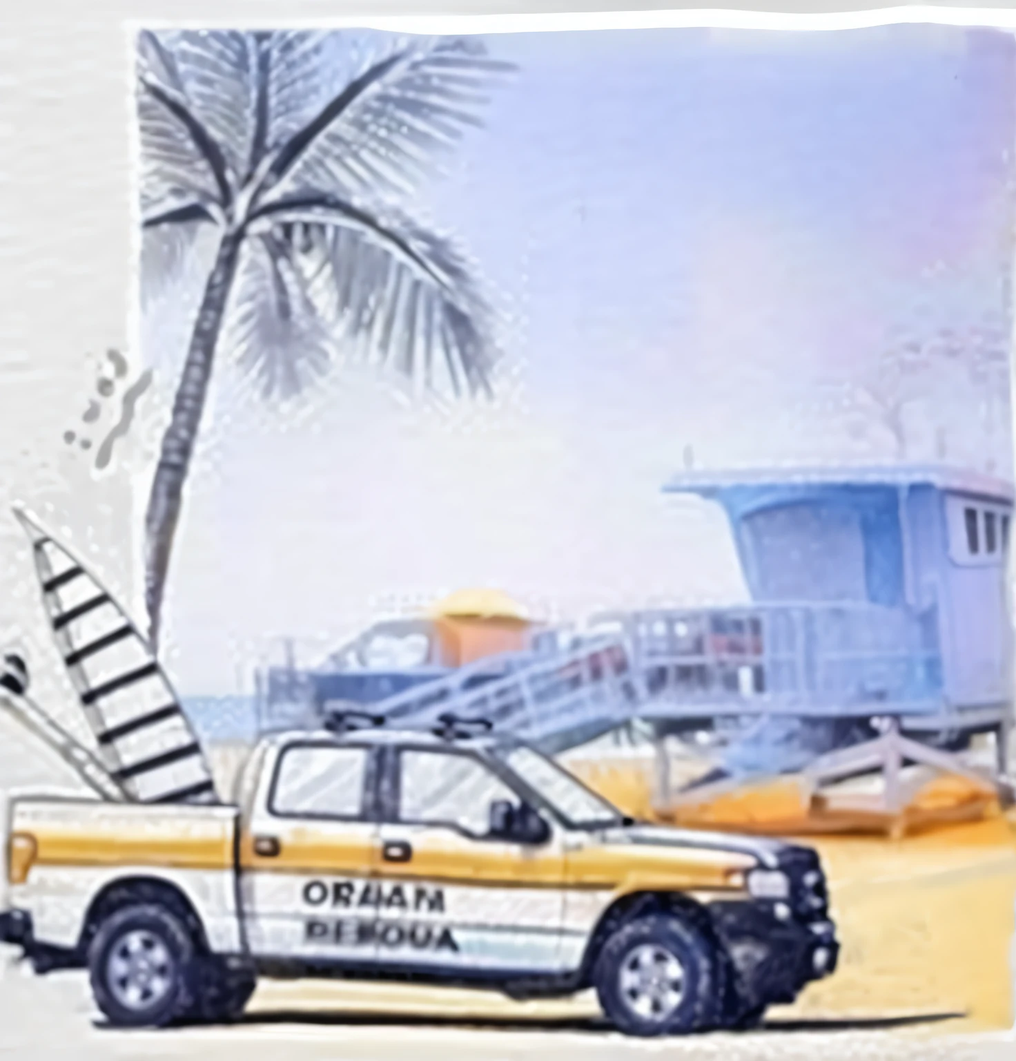 painting of a truck parked on the beach with a surfboard, Oceanic Department, Oceanside, 5D, 5 d, medium closeup shot, medium detail, Ad image, mid closeup, Detalhe em cena, Detalhes completos, artistic rendering, artists rendition, litoral, Pequeno detalhe, graphic detail, Fundo longo da praia, arte oficial, varredura de cores detalhada", tiro ambiental, Artwork