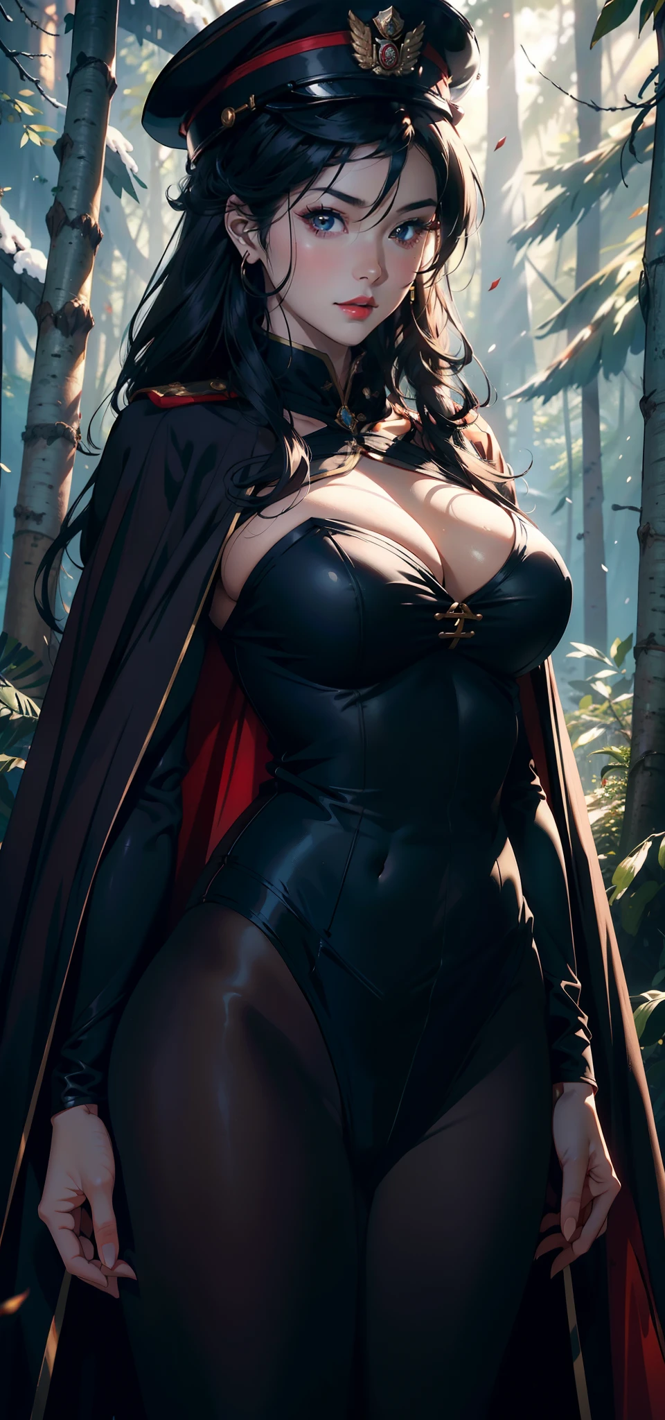 1female,41 years old,熟妇,A MILF ,Married Woman, mature,plumw,extremely large bosom ,Pornographic exposure, 独奏,(Background with:stunning view,Birch forest,city ruins,There is a lot of war)Snow-white skin, She has short black hair,Stand deep in the forest,seen from the front, hair straight,(((tmasterpiece),(Very detailed CG unity 8K wallpaper),best qualtiy,cinmatic lighting,detailed back ground,beatiful detailed eyes,Bright pupils,Redlip(Very fine and beautiful),(Beautiful and detailed eye description),ultra - detailed,tmasterpiece,)),facing at camera,A high resolution,ultra - detailed),revealing breasts,Bare genitalia, Bulge,legs are open,Raised sexy,Camel toes,Flushed complexion,Soviet Red Army,frontage,military hat(Wearing:in dark green cape,Officer uniform,Black tights)hand gun