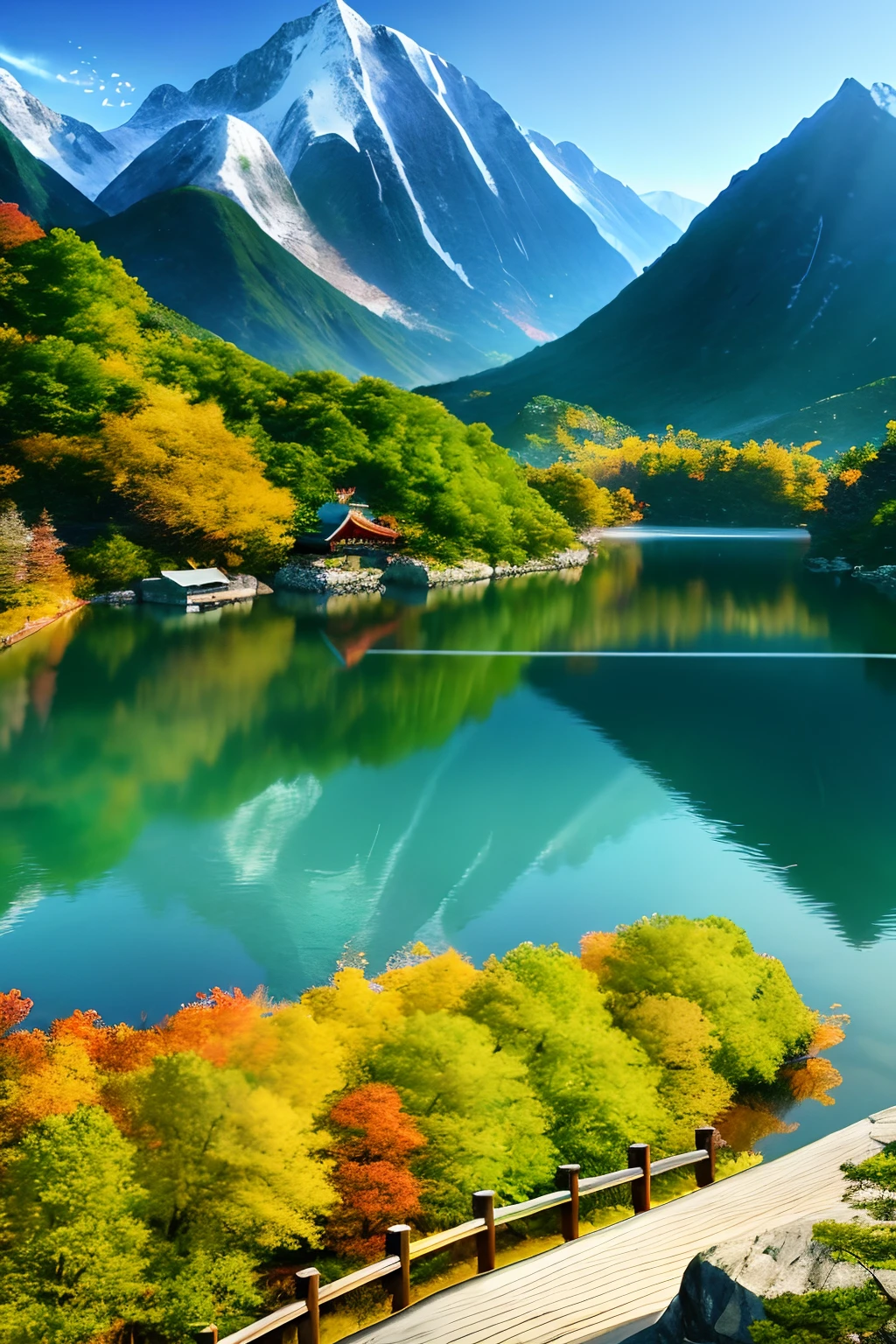 A beautiful Korean mountain and lake, (masterpiece), (portrait), (raw photo), (highly detailed CG unity 8k wallpaper) intricate, sharp focus, dramatic, realistic art