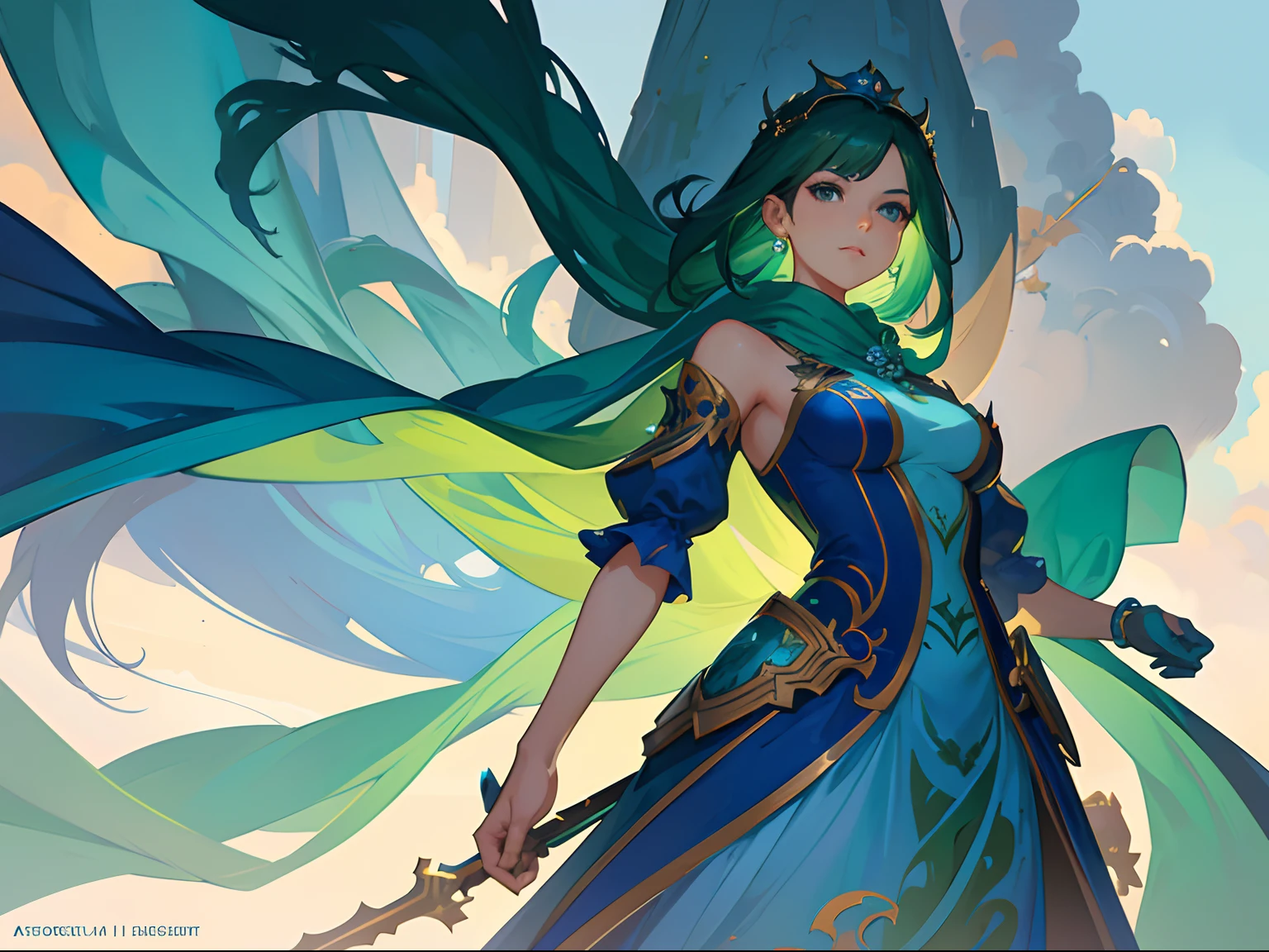 a woman in a blue dress with a long green scarf, beautiful character painting, a beautiful fantasy empress, by Yang J, style of artgerm, artgerm and ruan jia, extremely detailed artgerm, trending artgerm, artgerm. anime illustration, ruan jia and artgerm, inspired by Pu Hua, artgerm detailed