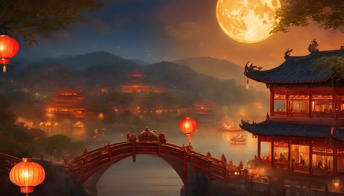 Festive lanterns, Family reunion, Moon cake, Moon viewing, Impressionism, Dragon dance, Panoramic view, Warm light, Festive lights, Colorful light