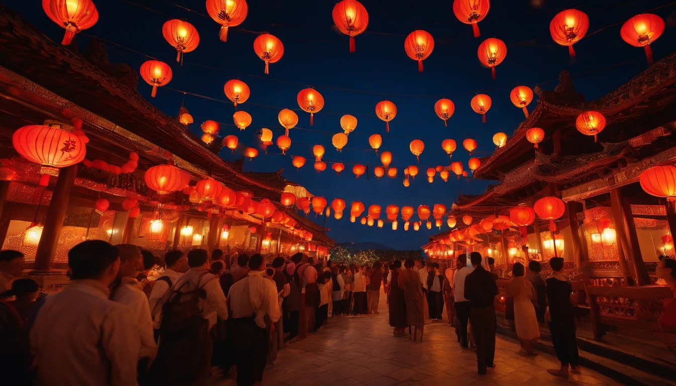 Festive lanterns, Family reunion, Moon cake, Moon viewing, Impressionism, Dragon dance, Panoramic view, Warm light, Festive lights, Colorful light