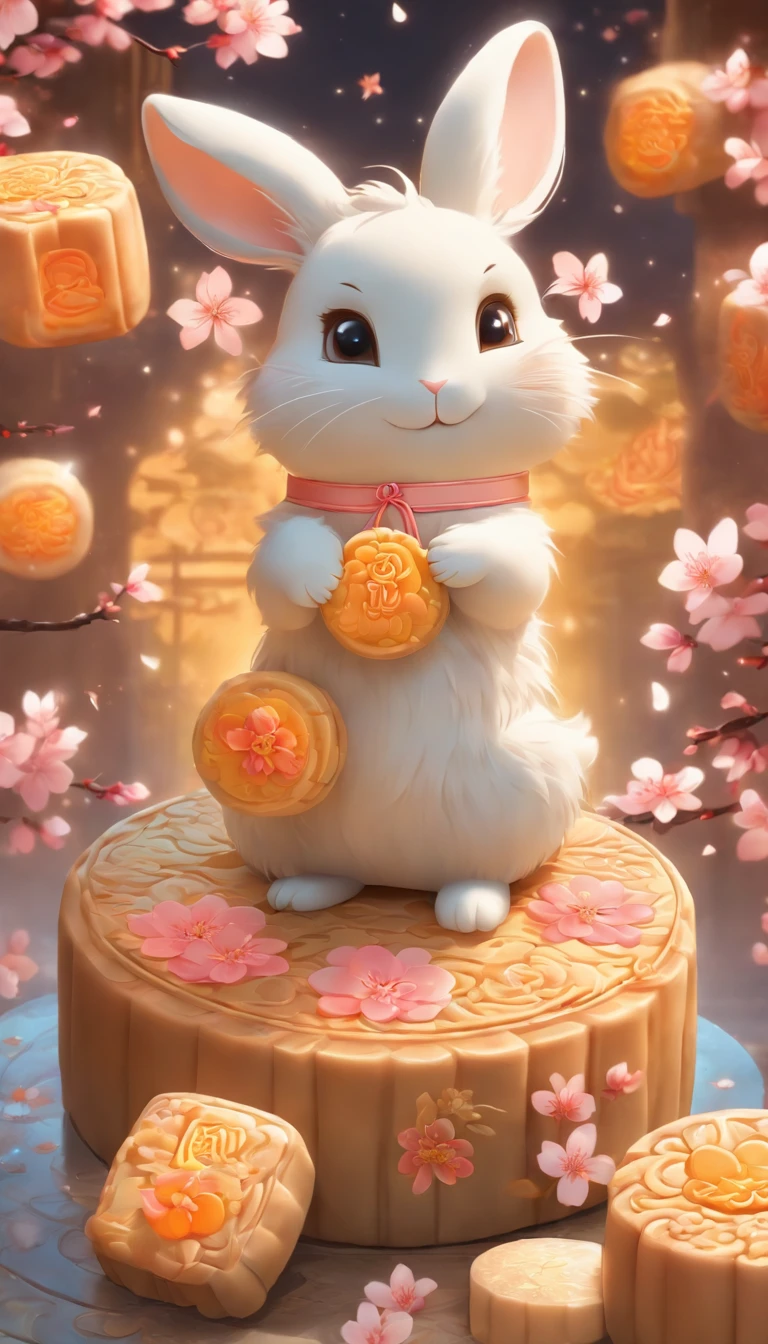 Sit on mooncakes and admire the cute rabbit of peach blossoms, Ultra-fine details, photo-realistic, A high resolution, Vibrant colors, with its soft fur, Fluffy tail, Small pink nose, Sparkling eyes, Round ears, Chubby body, White and gray fur, Vibrant peach blossoms, Blooming flowers, Crispy mooncakes，Golden yellow shell, Decorative pattern on mooncakes, Rabbit's reverent gaze, Playful interaction between rabbits, Moonlight is reflected on their fur, Subtle starry sky in the background, A scene full of harmony and balance, A sublime setting full of tenderness and beauty，mid-autumn festival