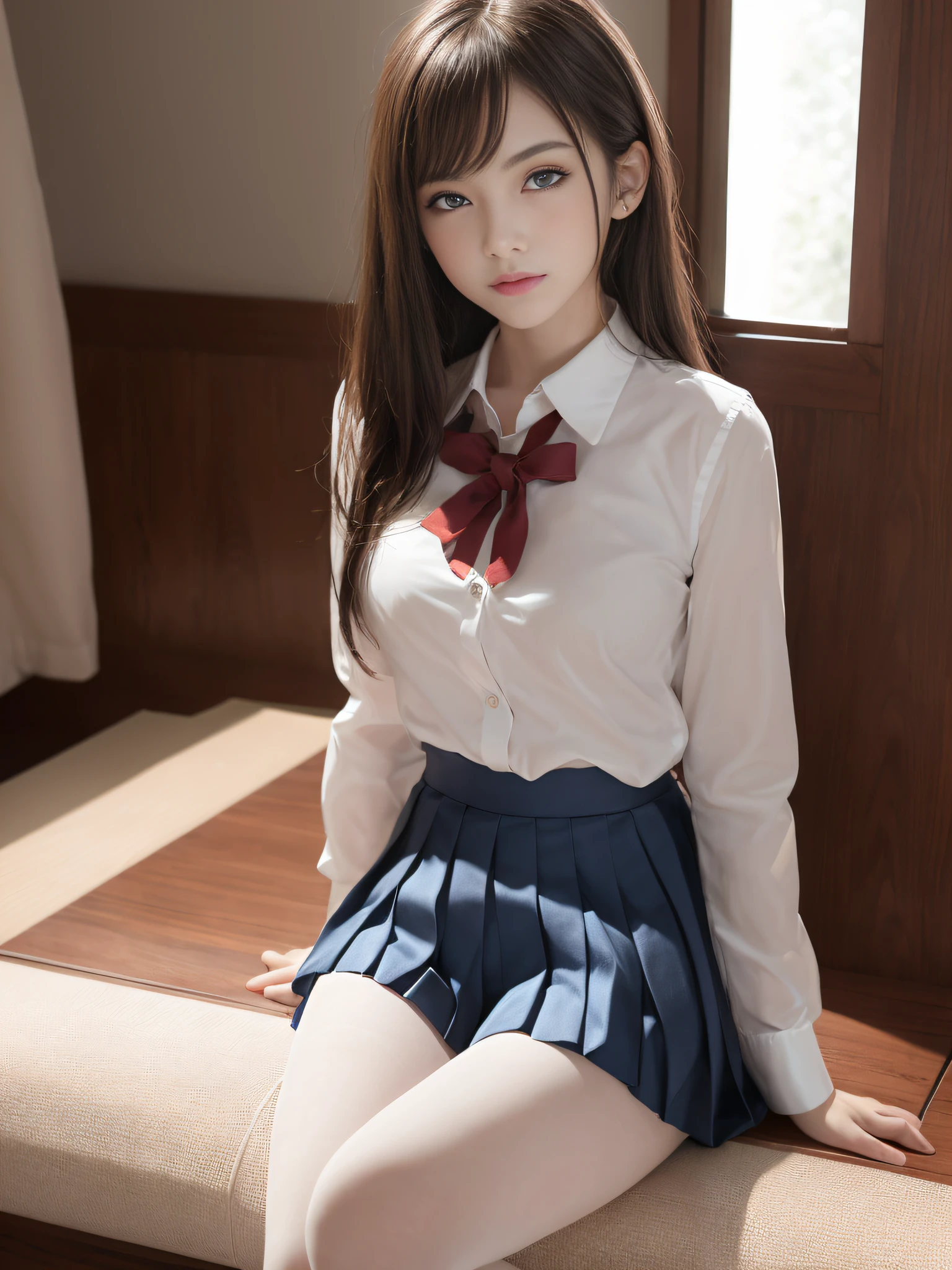 Ultra realistic 8K CG, Picture-perfect face, flawless, clean, masutepiece, Professional artwork, famousartwork, Perfect face, Beautiful face, Beautiful eyes, ((Perfect female body)), (Slender body),  girl, Solo, (Immersive atmosphere, Chiaroscuro:1.5, Bright light:1.2, Luminous lighting), (blush:0.5), fascinated expression, Extremely detailed_Eyes, Small breasts, beautifullydetailedbackground, depth of fields, Realistic:1.3, longshot, 1girl in, Shirt, Pleated skirt, Japan school uniform, Sitting, Full body, (ambient lights:1.3), (Cinematic composition:1.3), (Neon light:0.1), (nffsw:0.1), Accent Lighting, White pantyhose,Neat and clean lady，